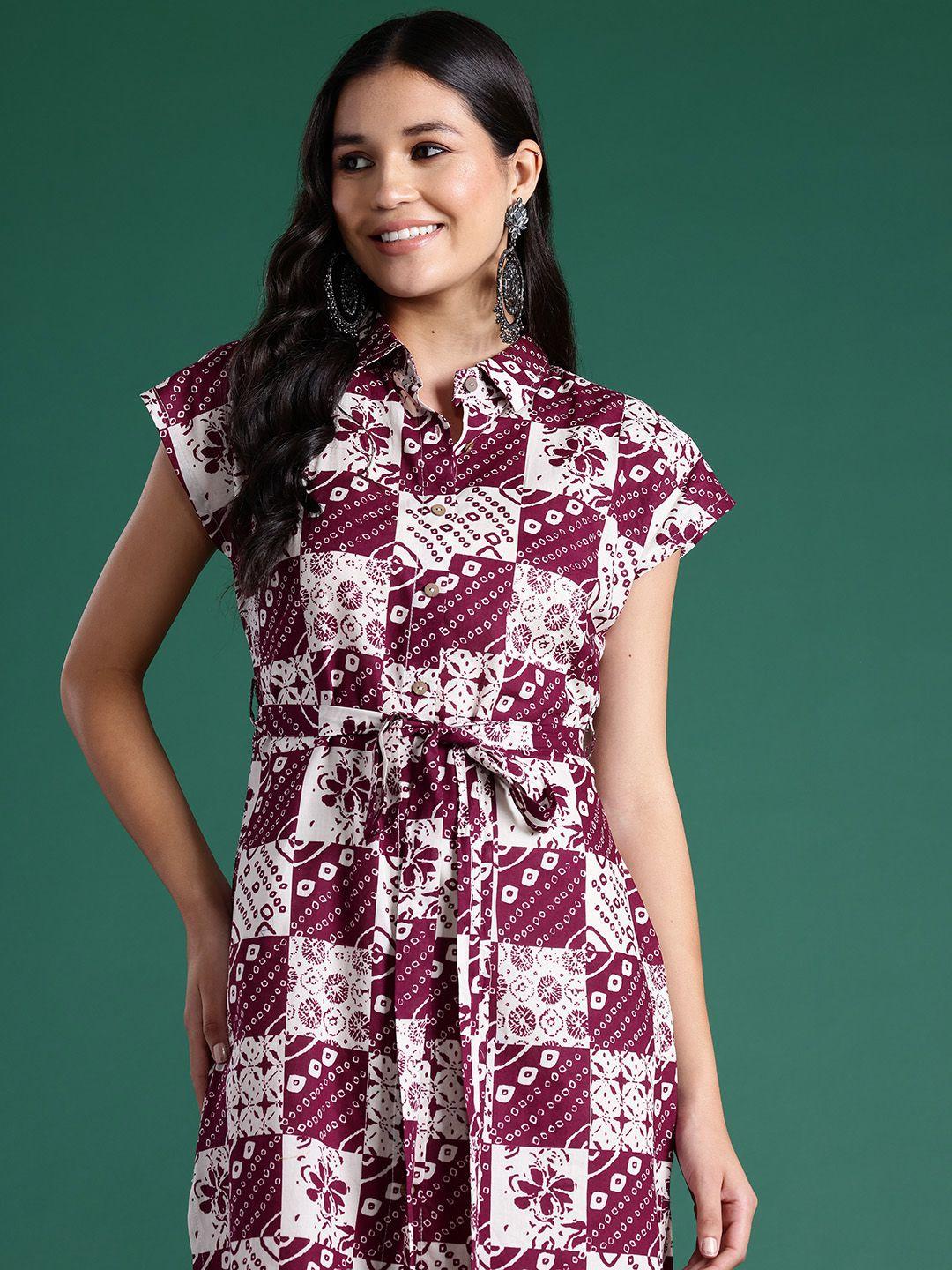 sangria extended sleeves ethnic printed belted shirt style pure cotton ethnic dress