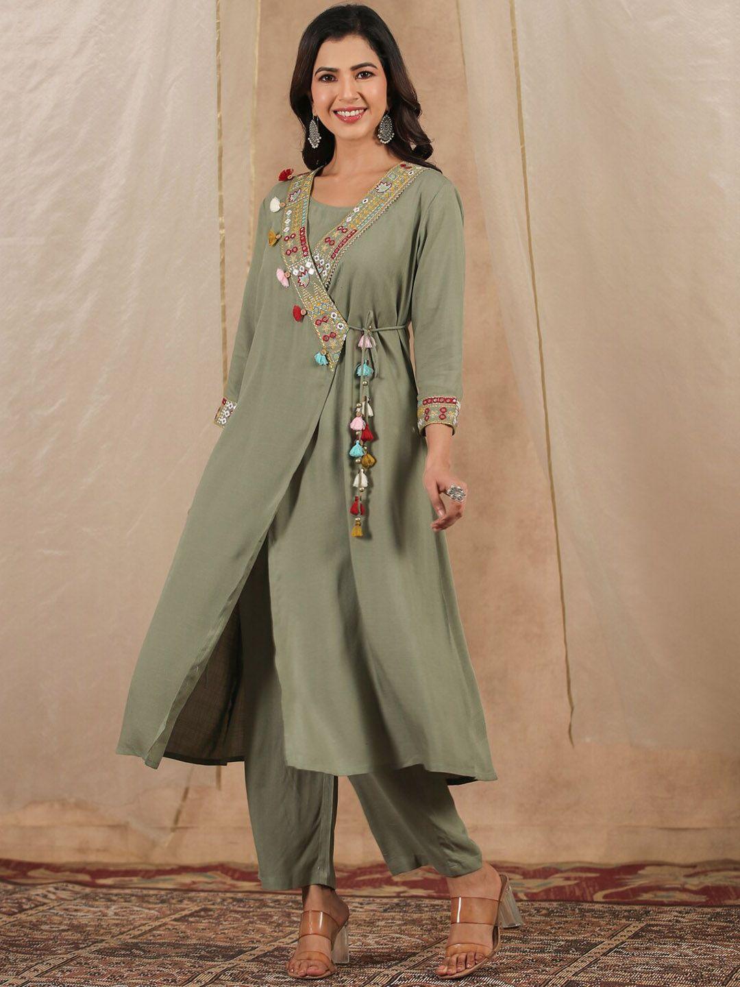 sangria floral embroidered a-line angrakha kurta with trouser