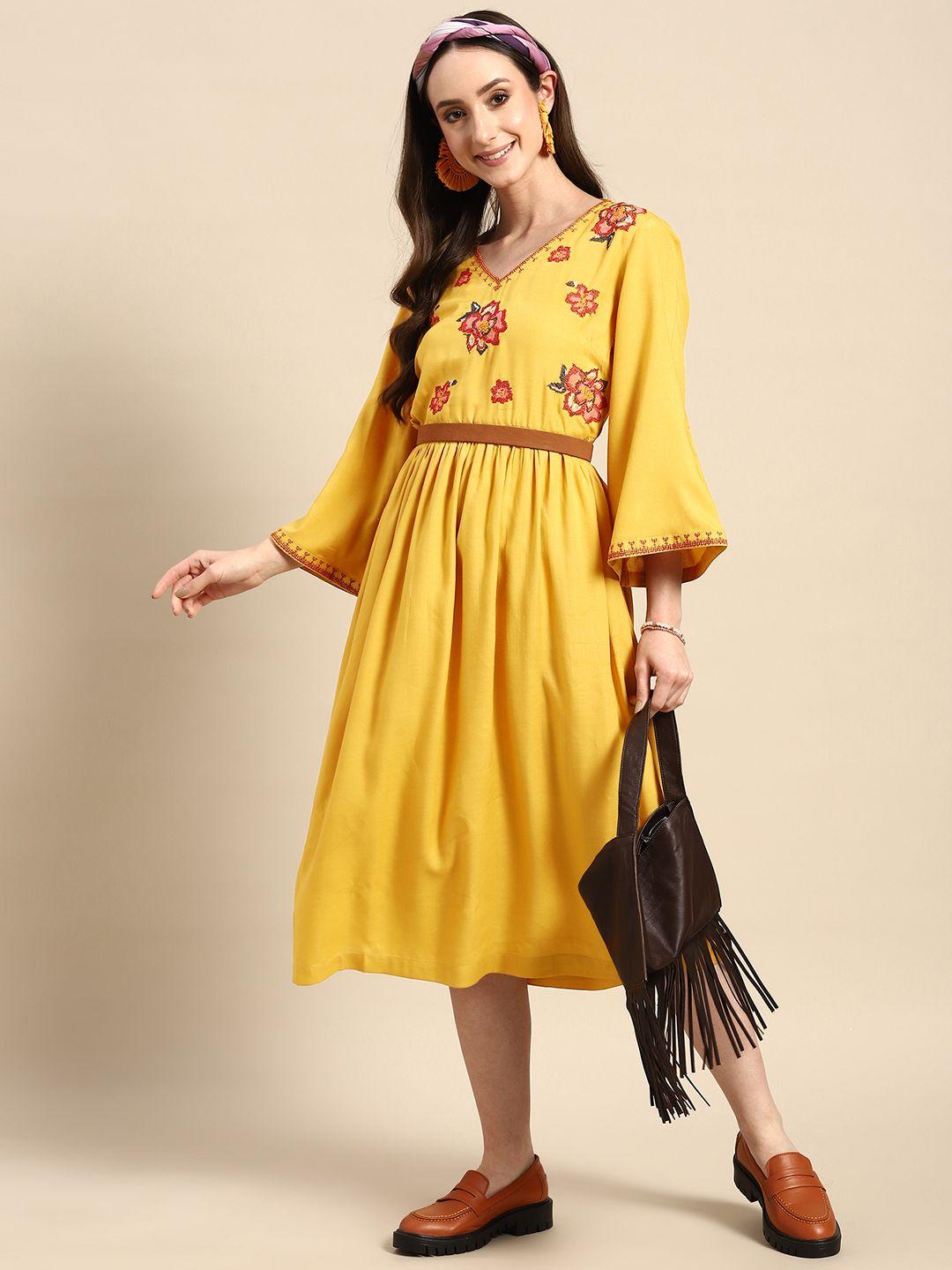 sangria floral embroidered a-line midi ethnic dress