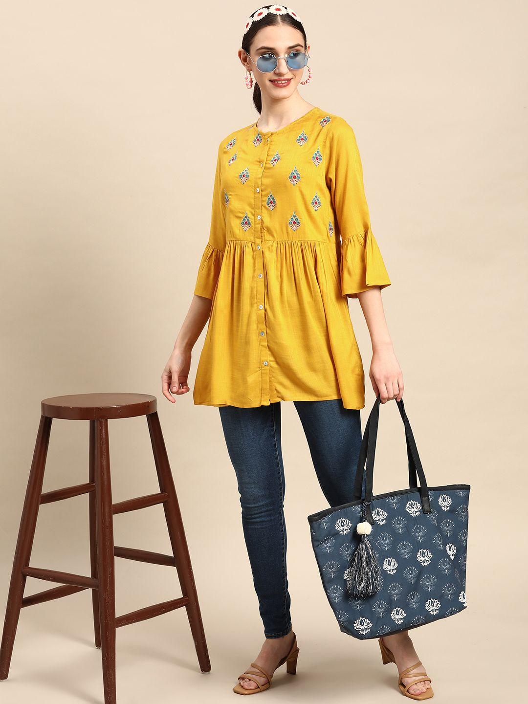 sangria floral embroidered bell sleeves empire kurti