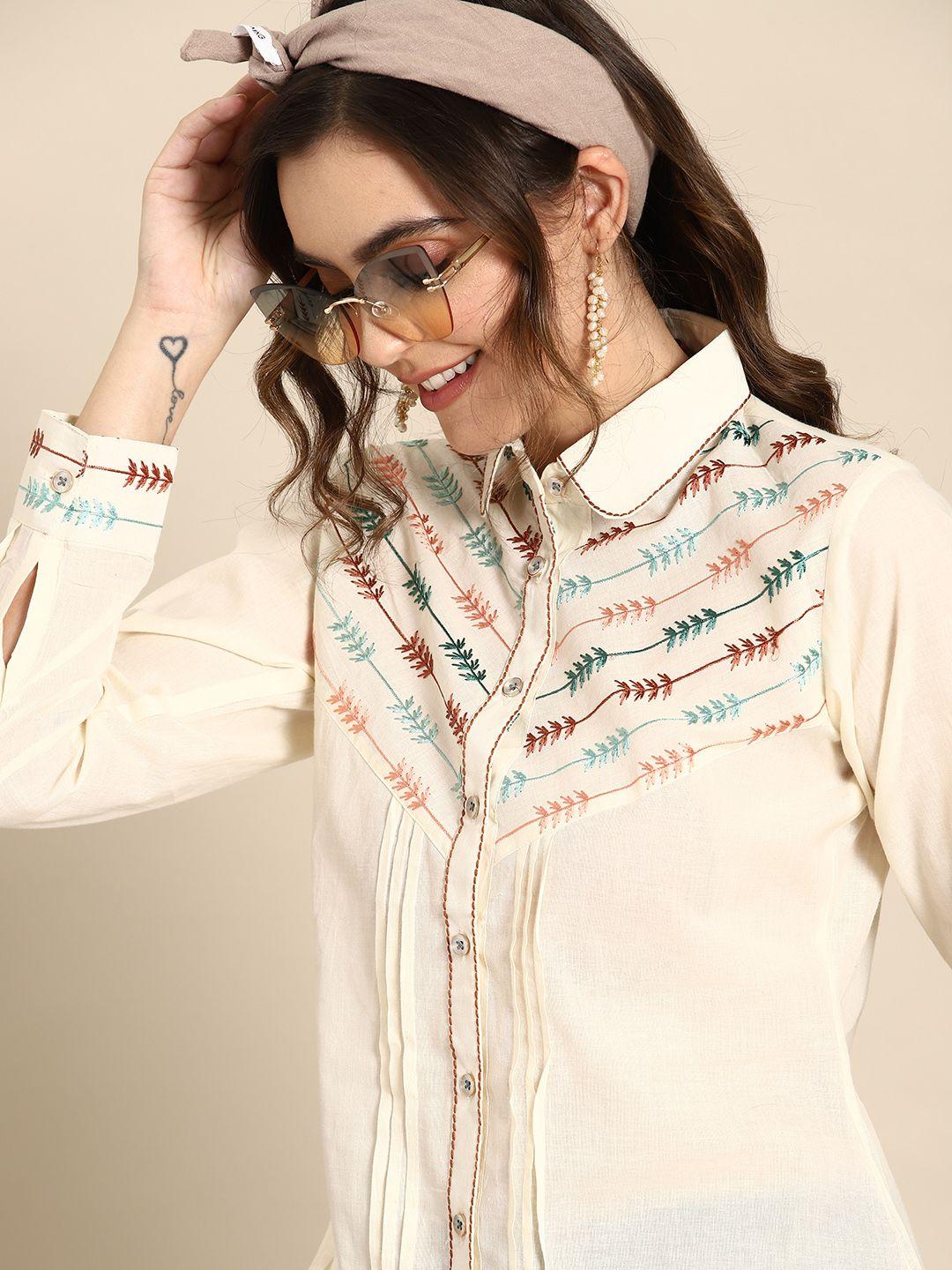 sangria floral embroidered cotton shirt style top