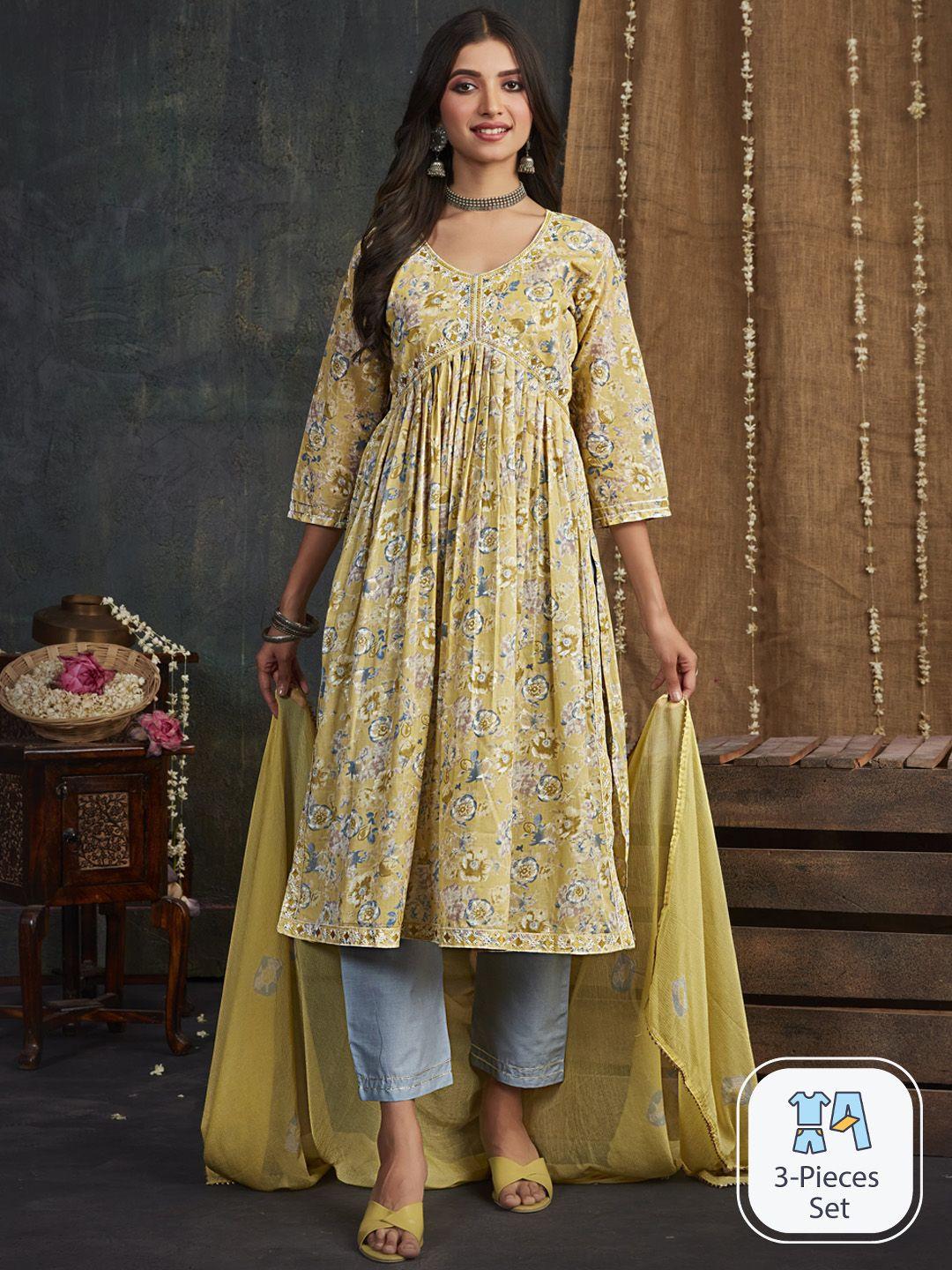 sangria floral embroidered empire a-line kurta with trouser & dupatta