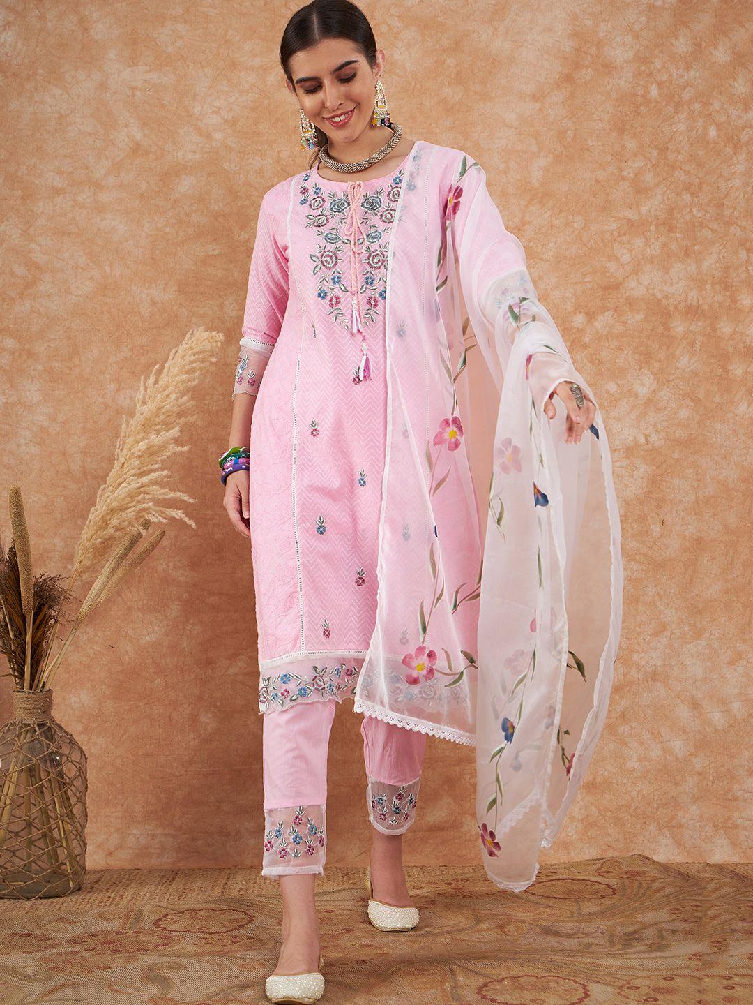 sangria floral embroidered keyhole neck pure-cotton straight kurta & trouser with dupatta
