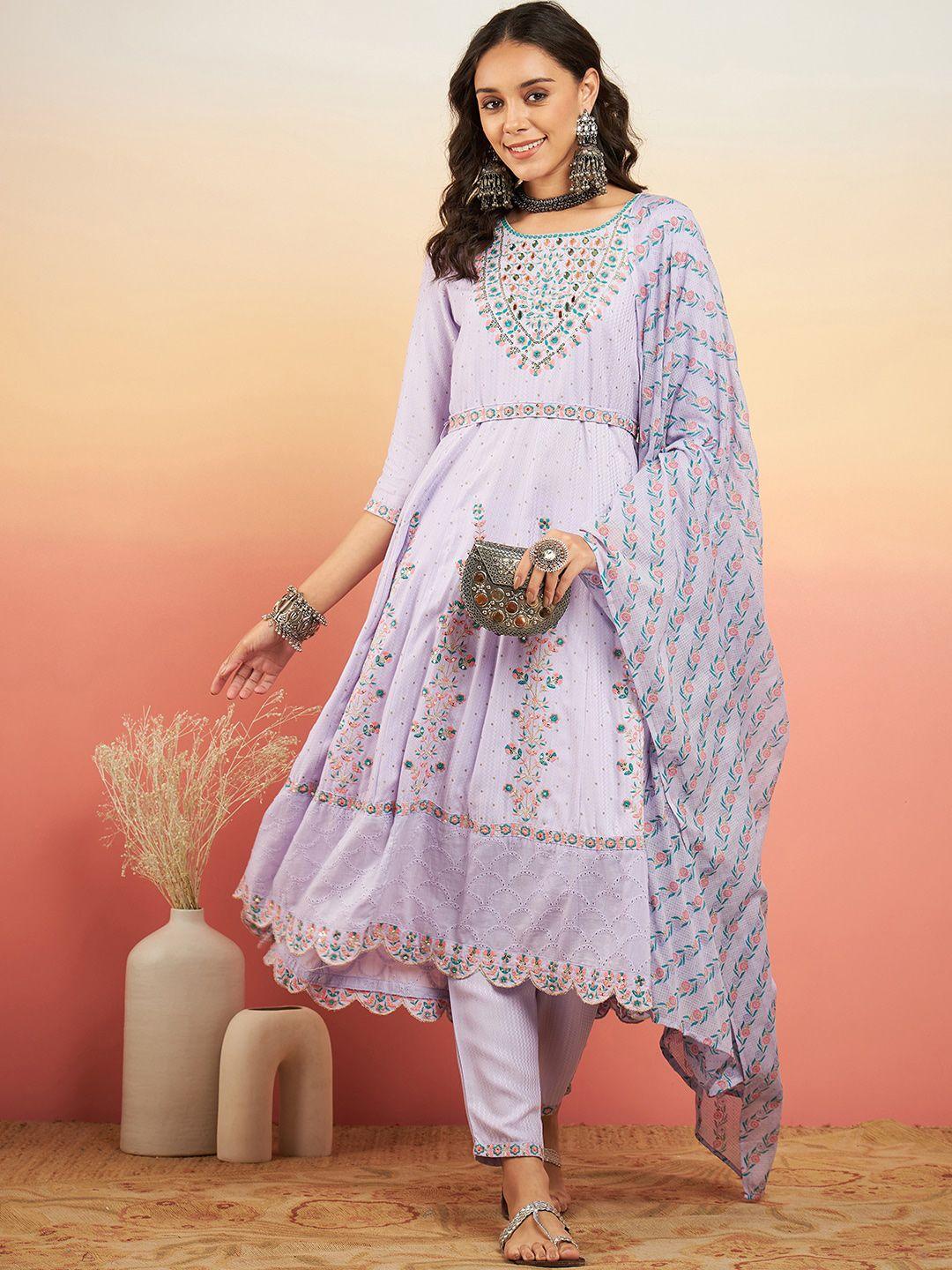 sangria floral embroidered mirror work anarkali kurta & trousers with dupatta