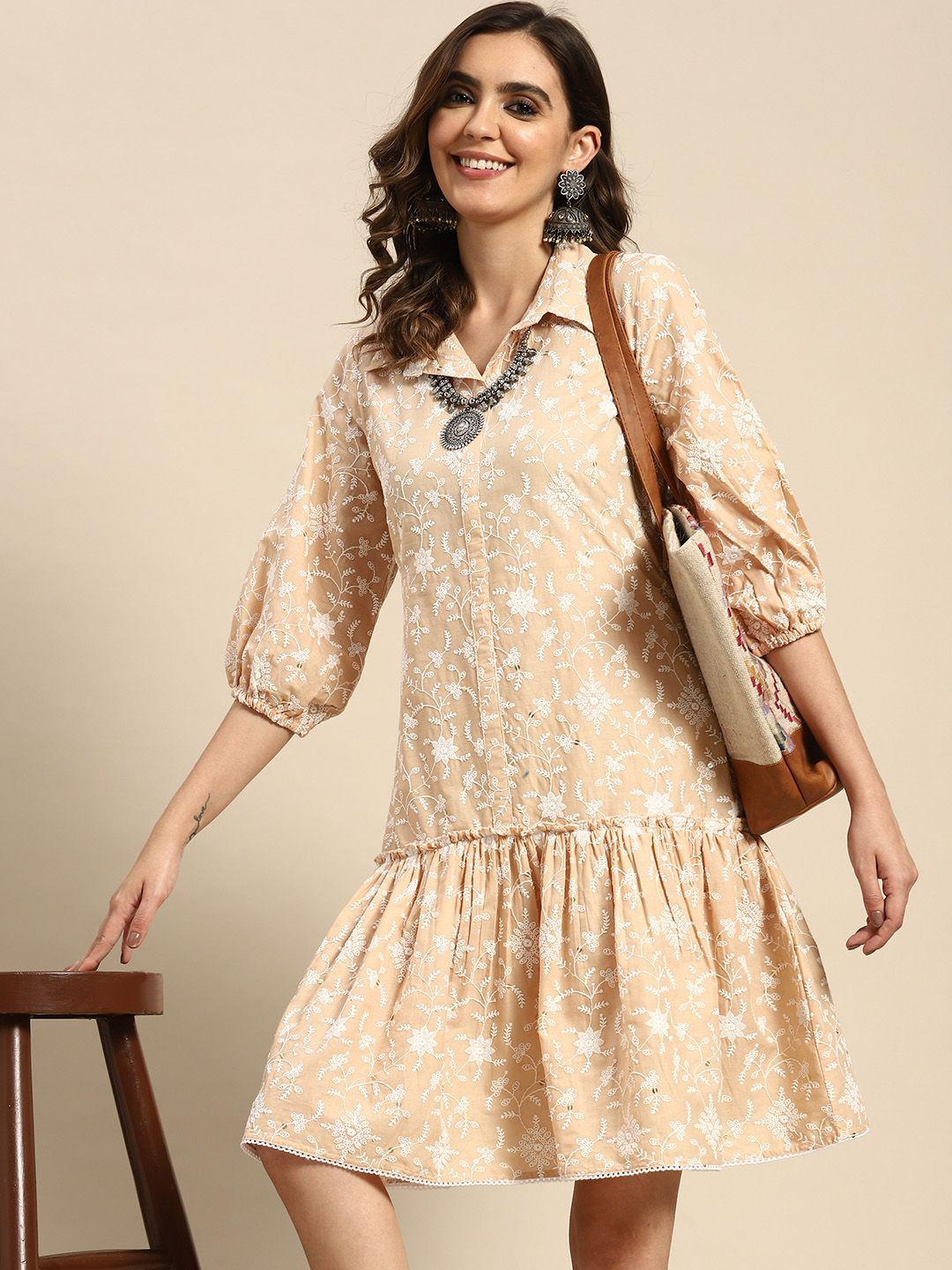 sangria floral embroidered puff sleeves cotton drop-waist dress