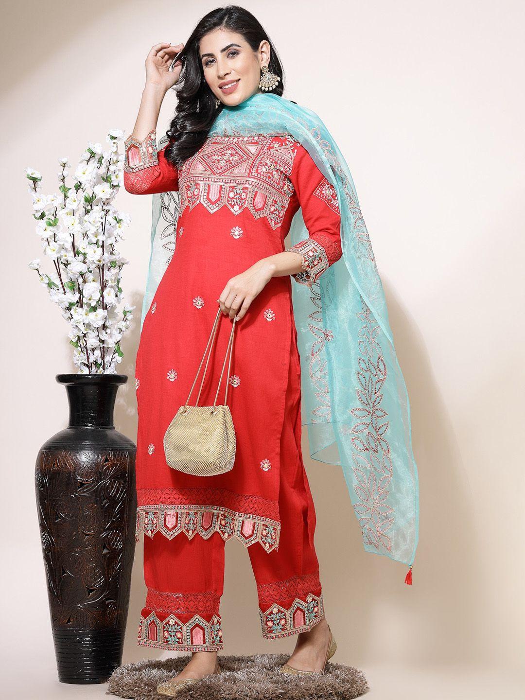 sangria floral embroidered pure cotton straight kurta & trousers with dupatta