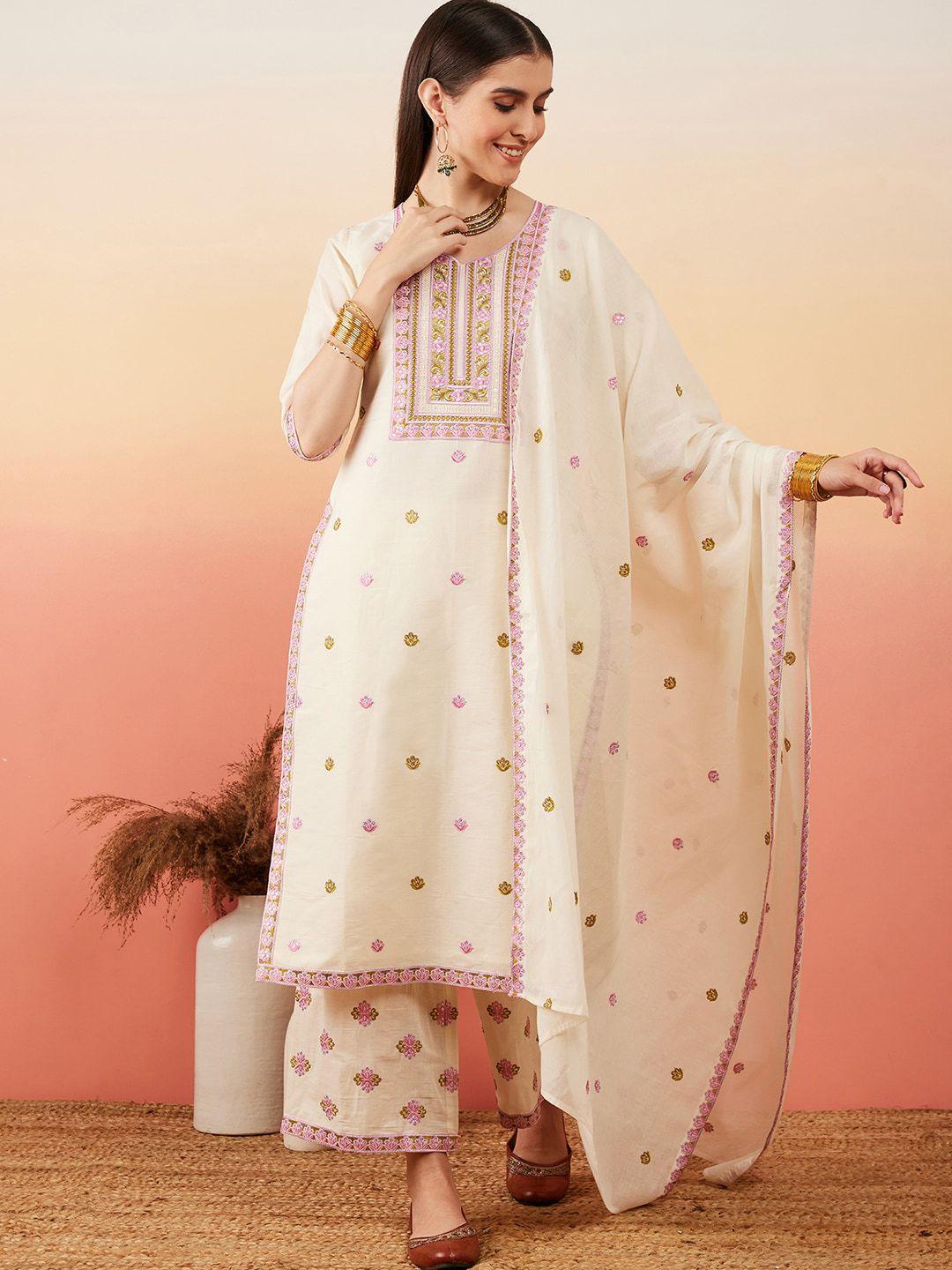 sangria floral embroidered pure cotton straight kurta with palazzo & dupatta