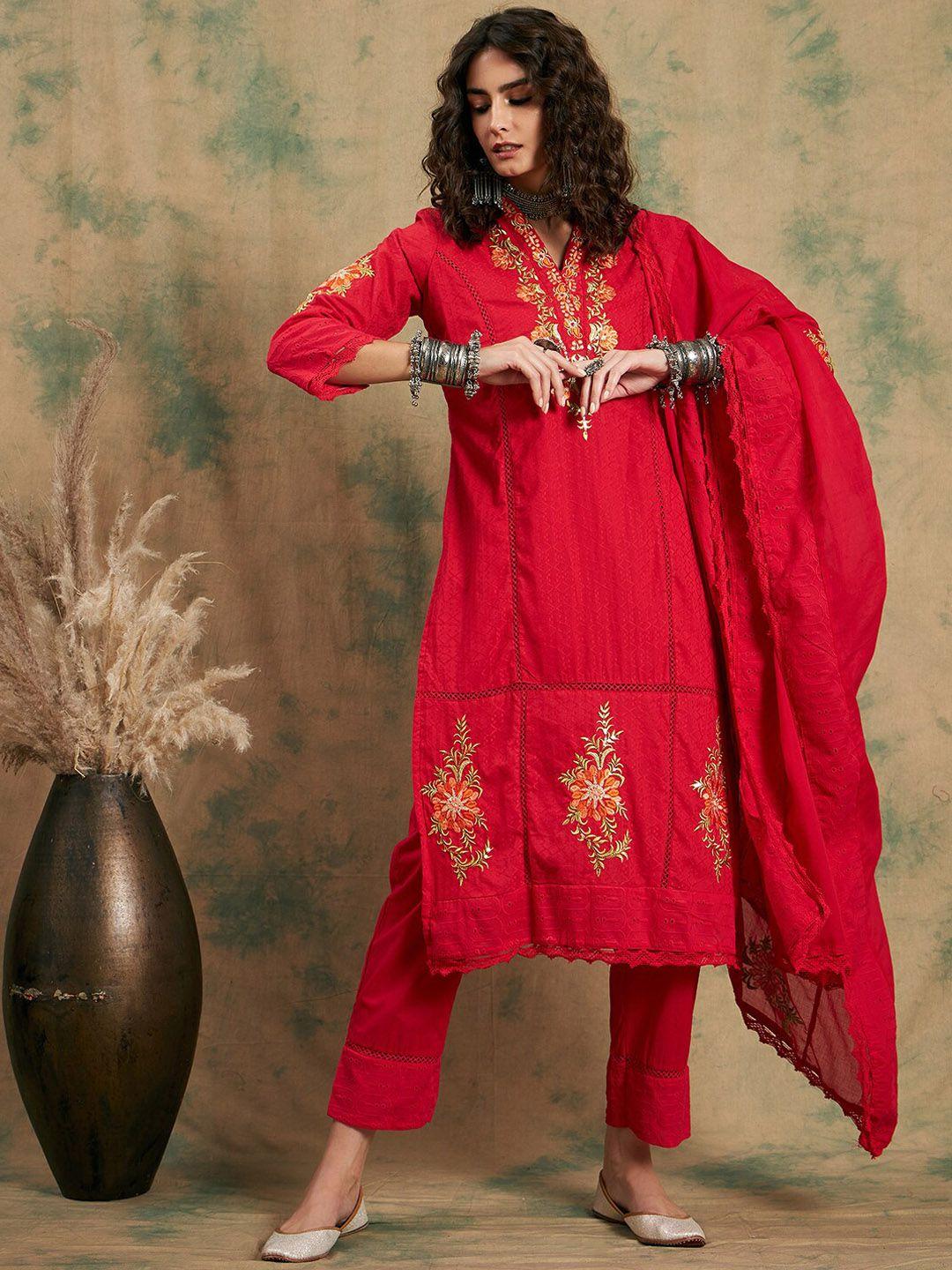 sangria floral embroidered pure cotton straight kurta with trouser & dupatta