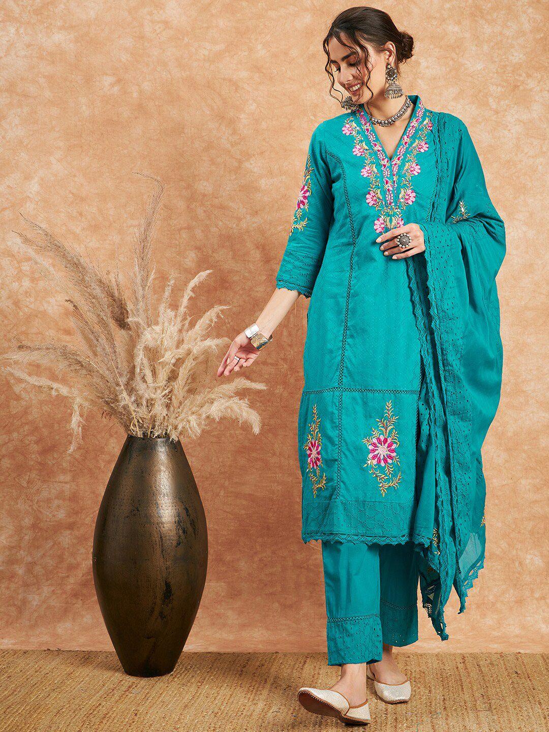 sangria floral embroidered pure cotton straight kurta with trouser & dupatta