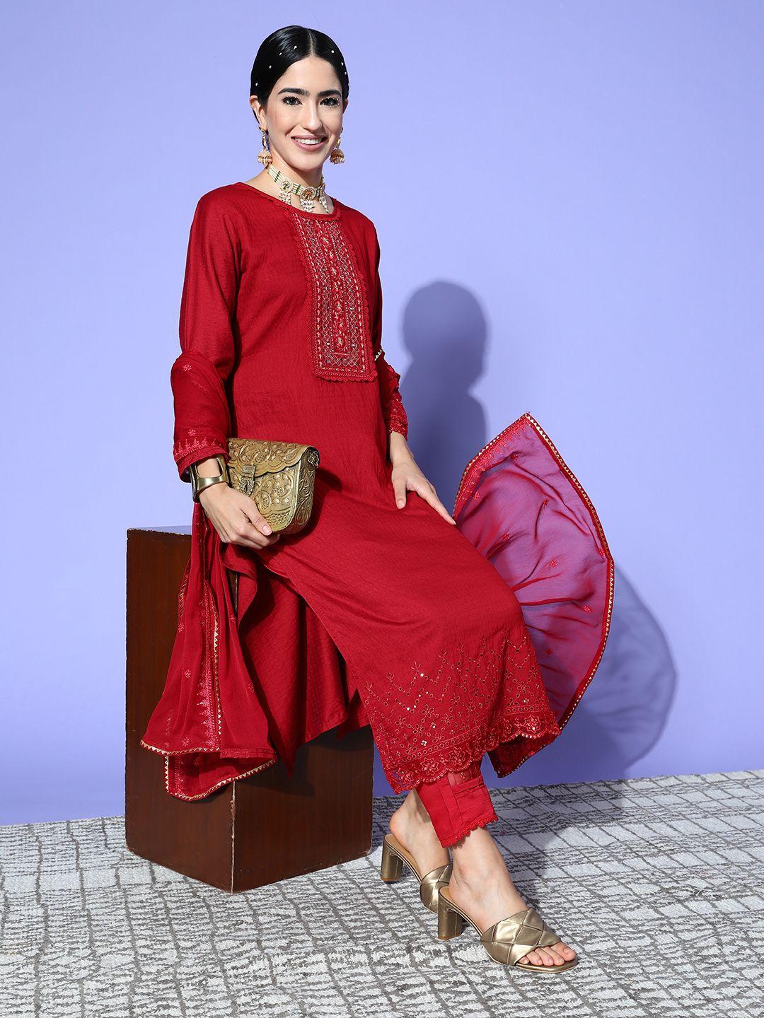 sangria floral embroidered regular sequinned kurta with trousers & with dupatta