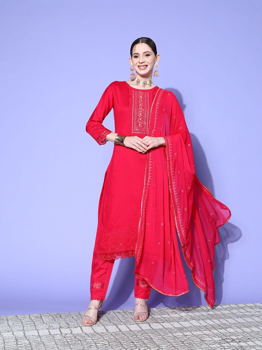 sangria floral embroidered regular sequinned kurta with trousers & with dupatta