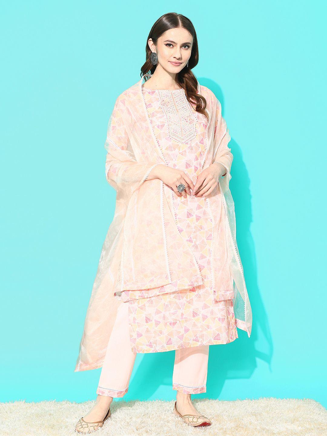 sangria floral embroidered regular thread work linen kurta with trousers & with dupatta