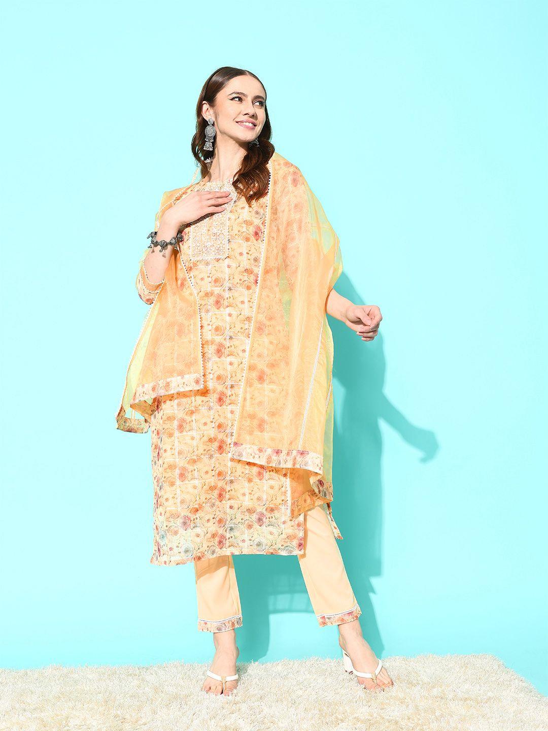 sangria floral embroidered regular thread work linen kurta with trousers & with dupatta