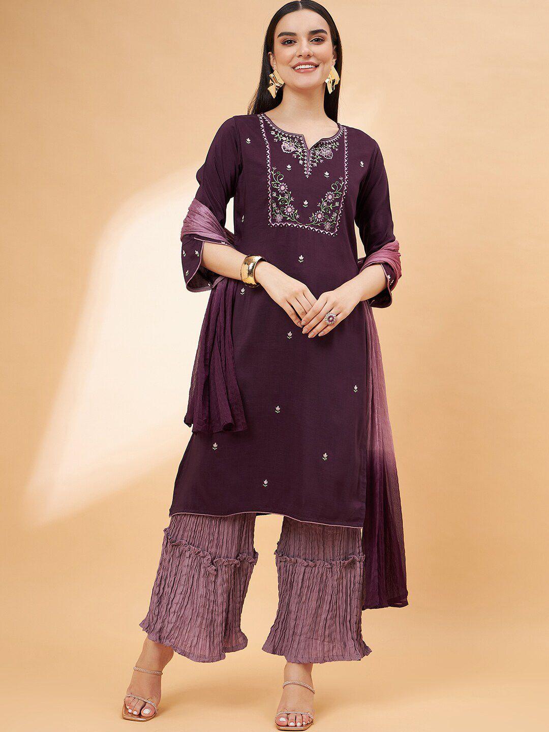 sangria floral embroidered round neck kurta with trousers & dupatta
