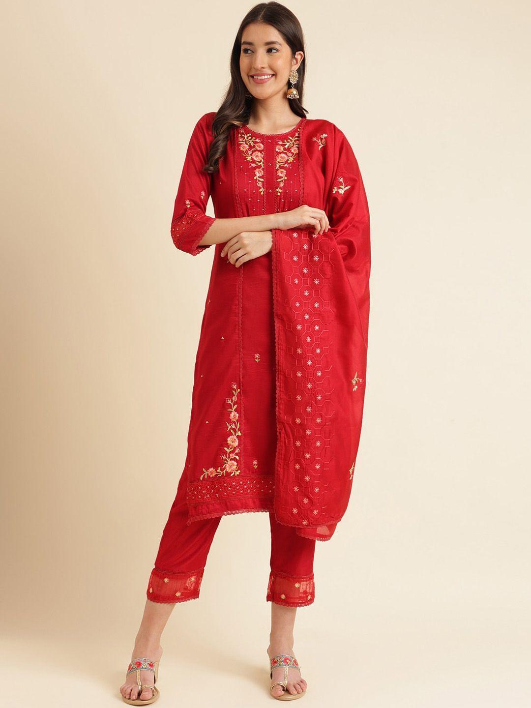 sangria floral embroidered round neck straight kurta with trouser & dupatta