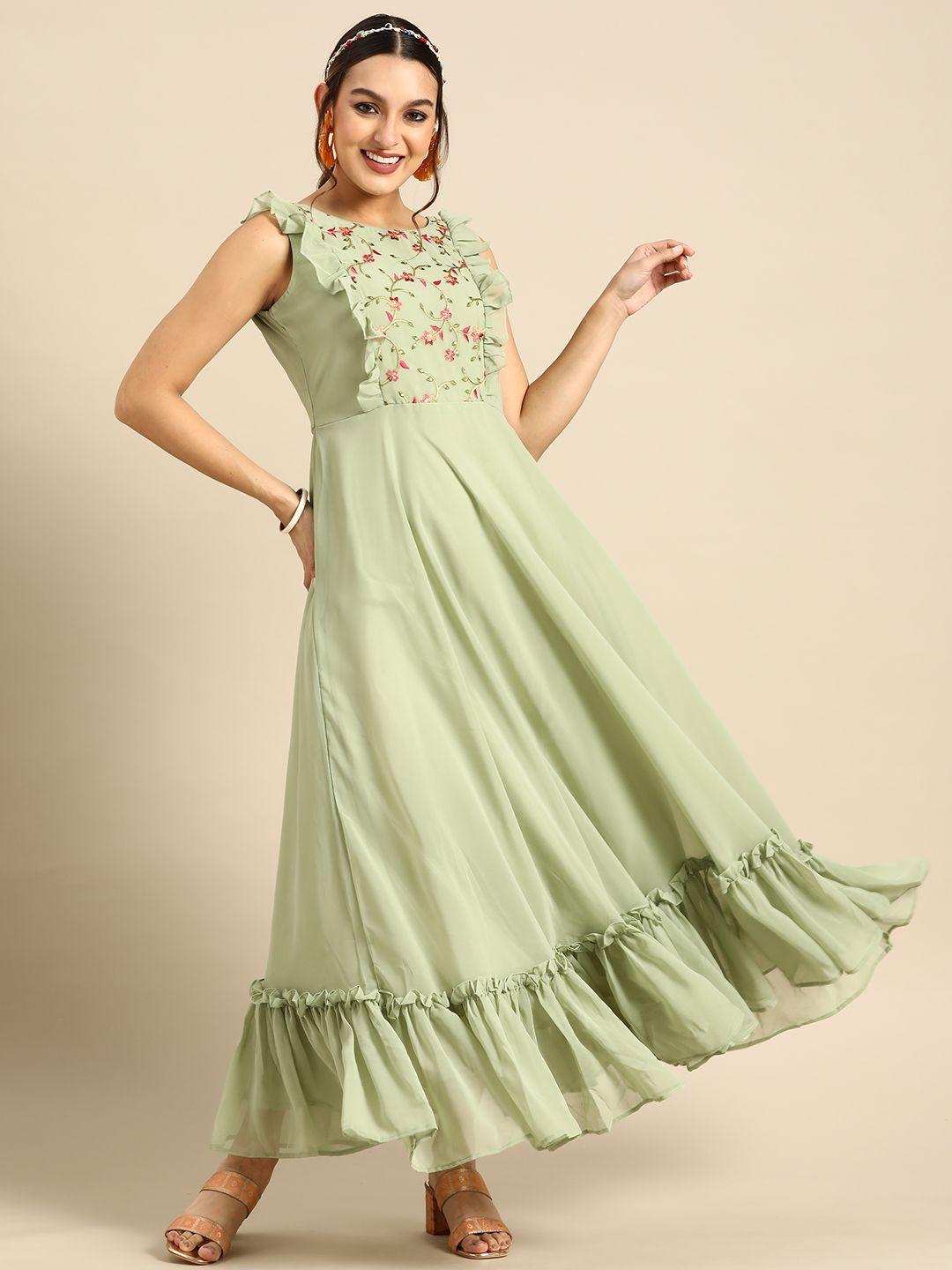 sangria floral embroidered ruffled georgette maxi dress