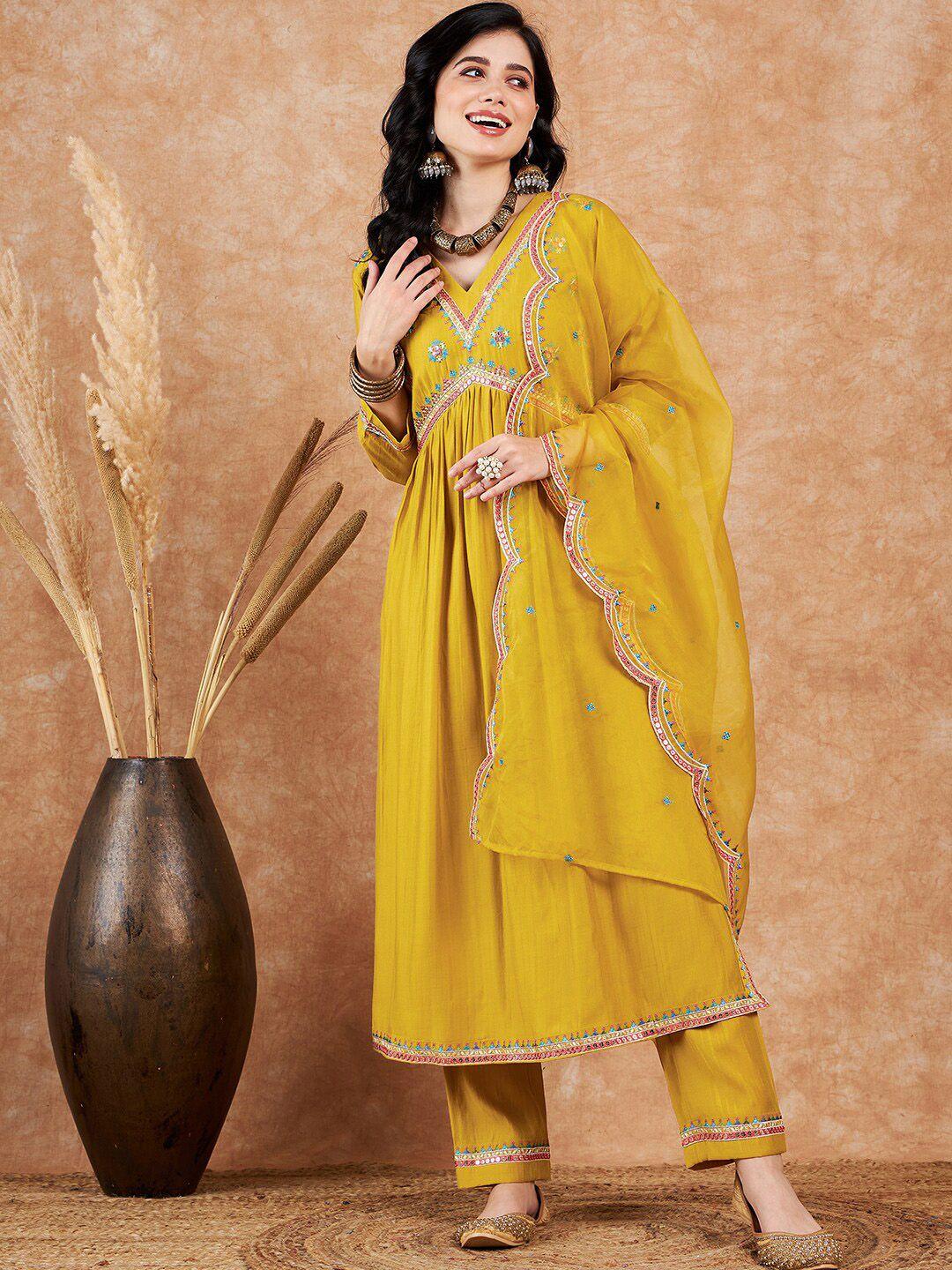 sangria floral embroidered sequence details a-line kurta & trousers with dupatta