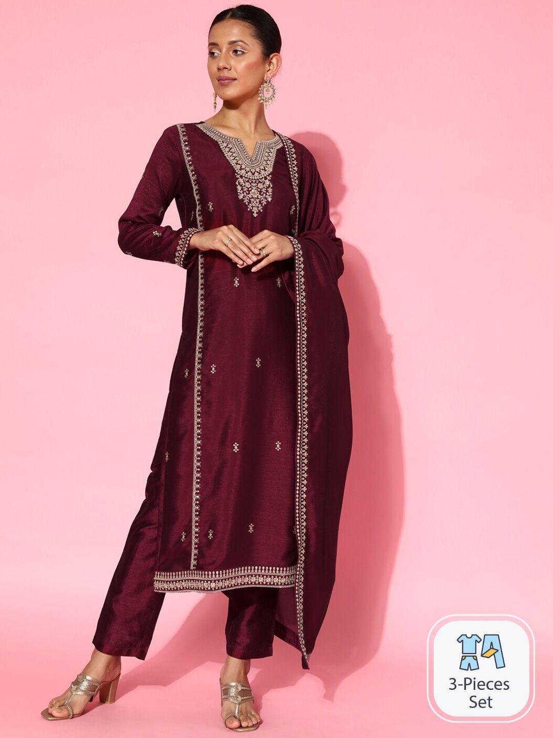 sangria floral embroidered sequined straight kurta & trouser with dupatta