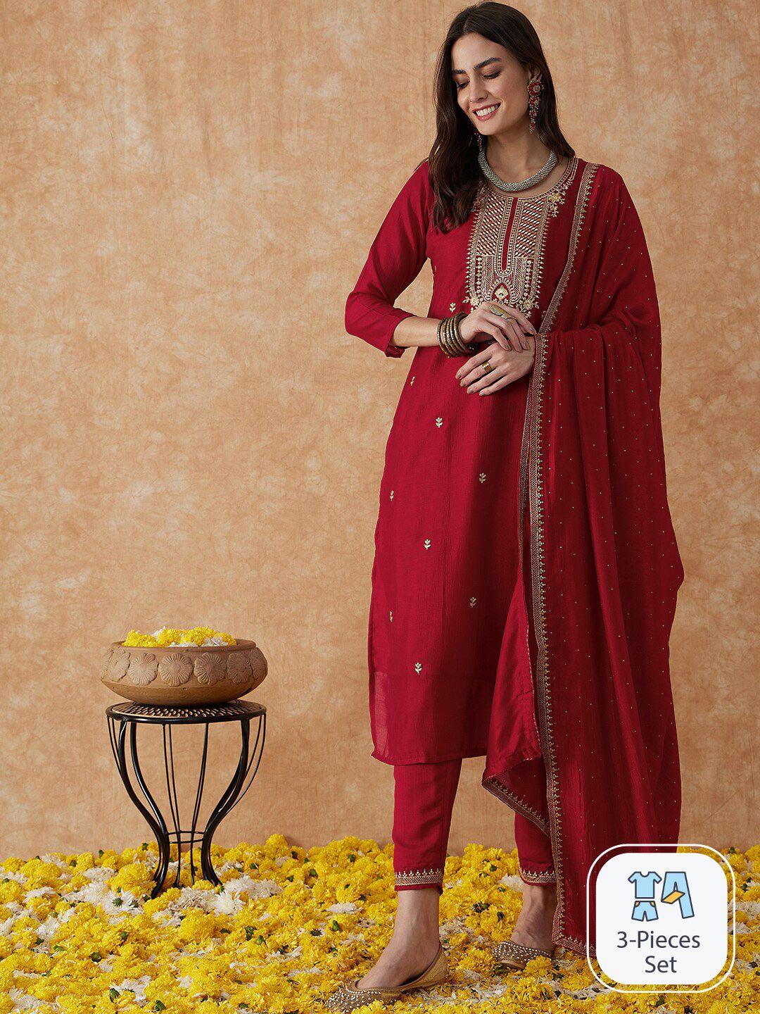 sangria floral embroidered sequinned detail straight kurta & trouser dupatta