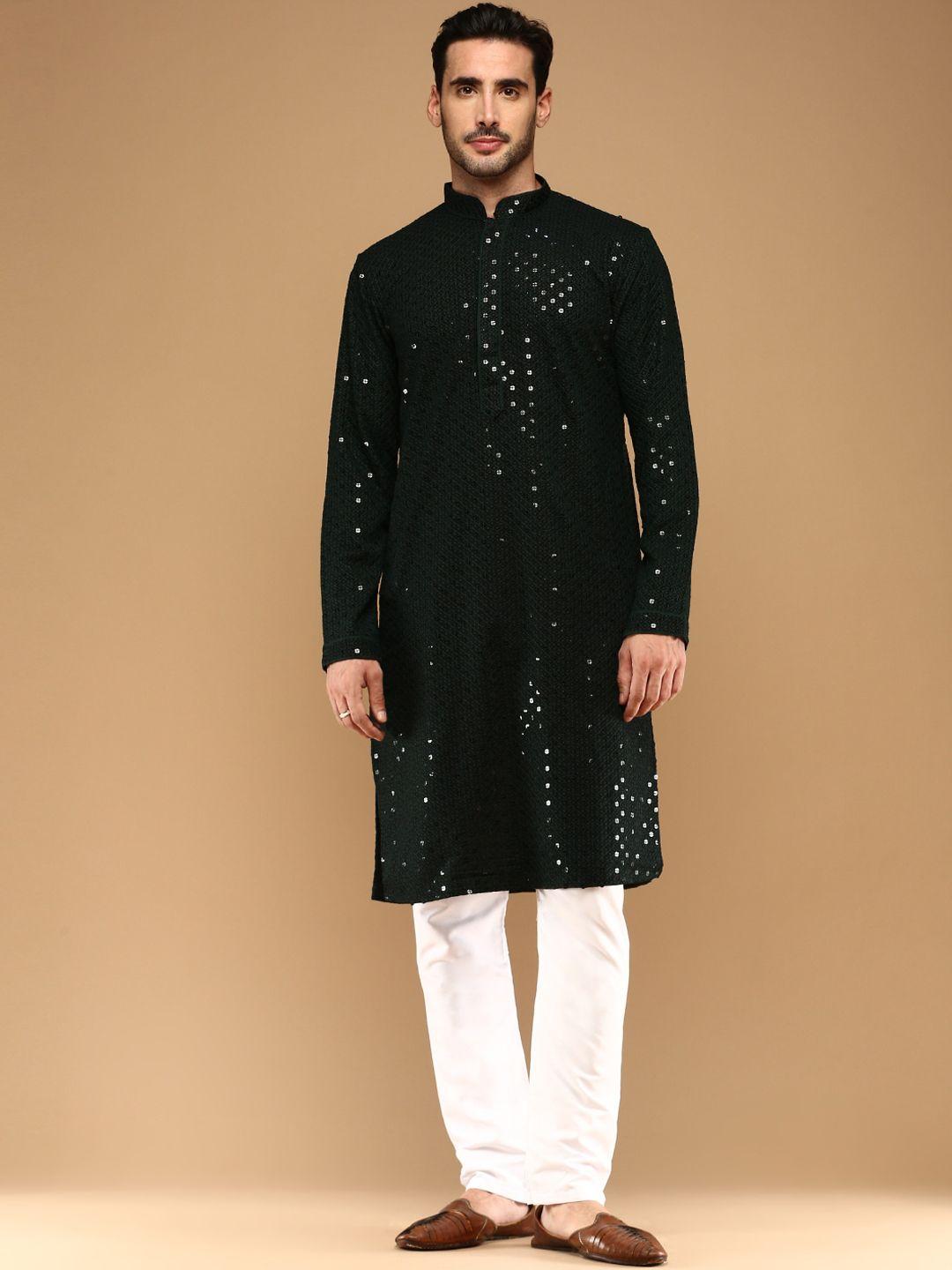 sangria floral embroidered sequinned straight chikankari cotton kurtas