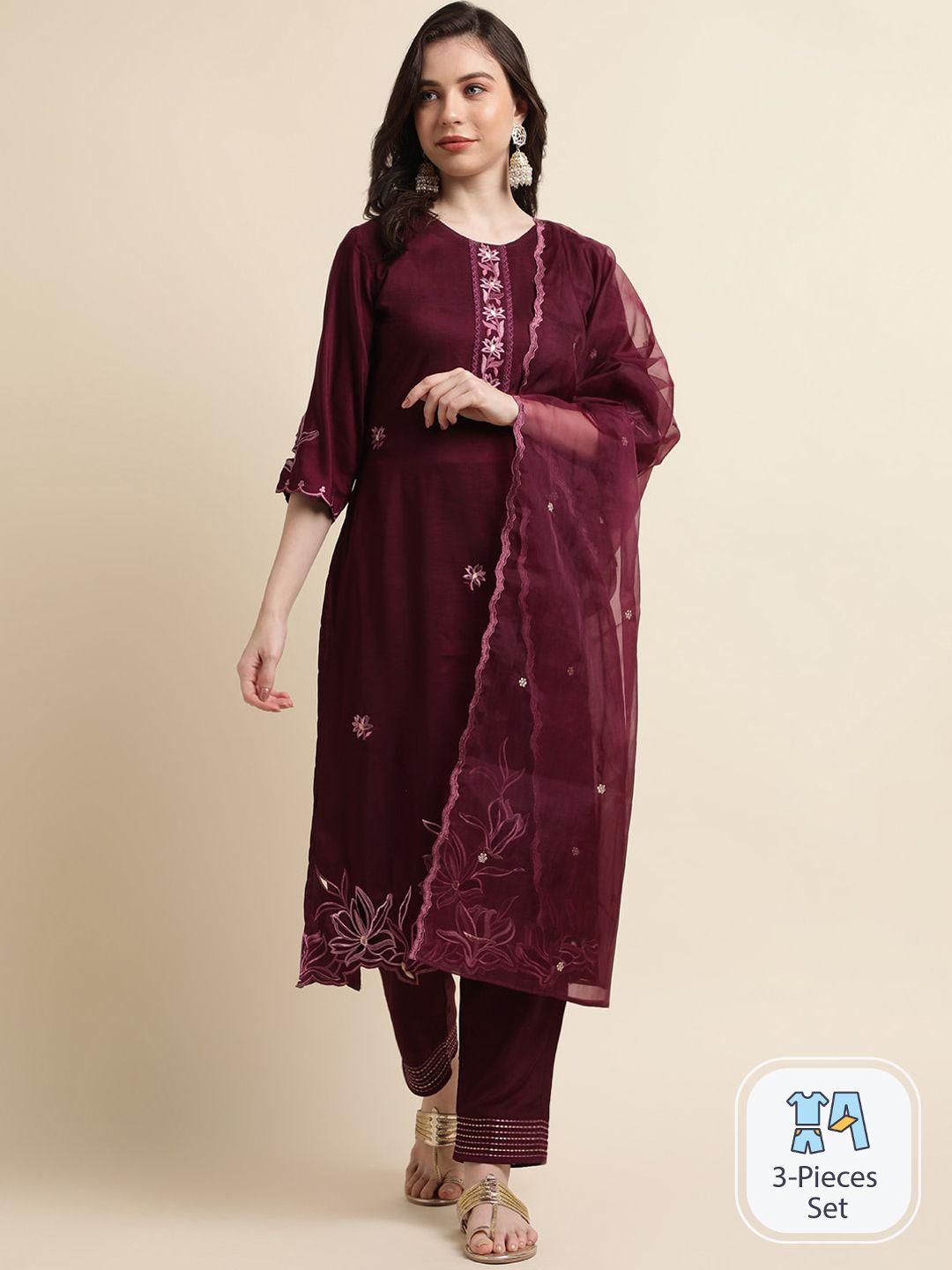 sangria floral embroidered straight kurta with trouser & dupatta