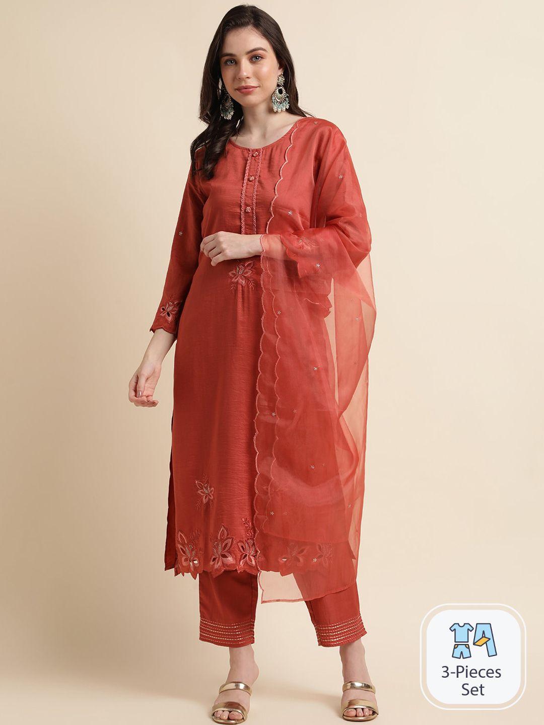 sangria floral embroidered straight kurta with trouser & dupatta