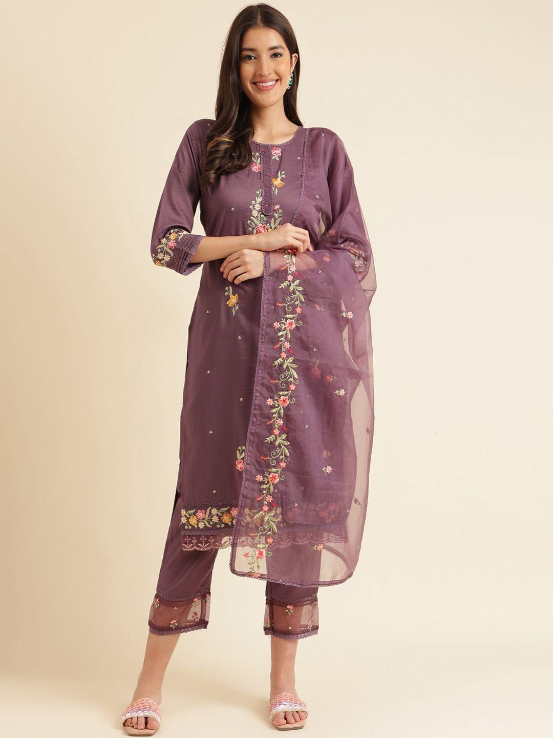 sangria floral embroidered straight kurta with trouser & dupatta