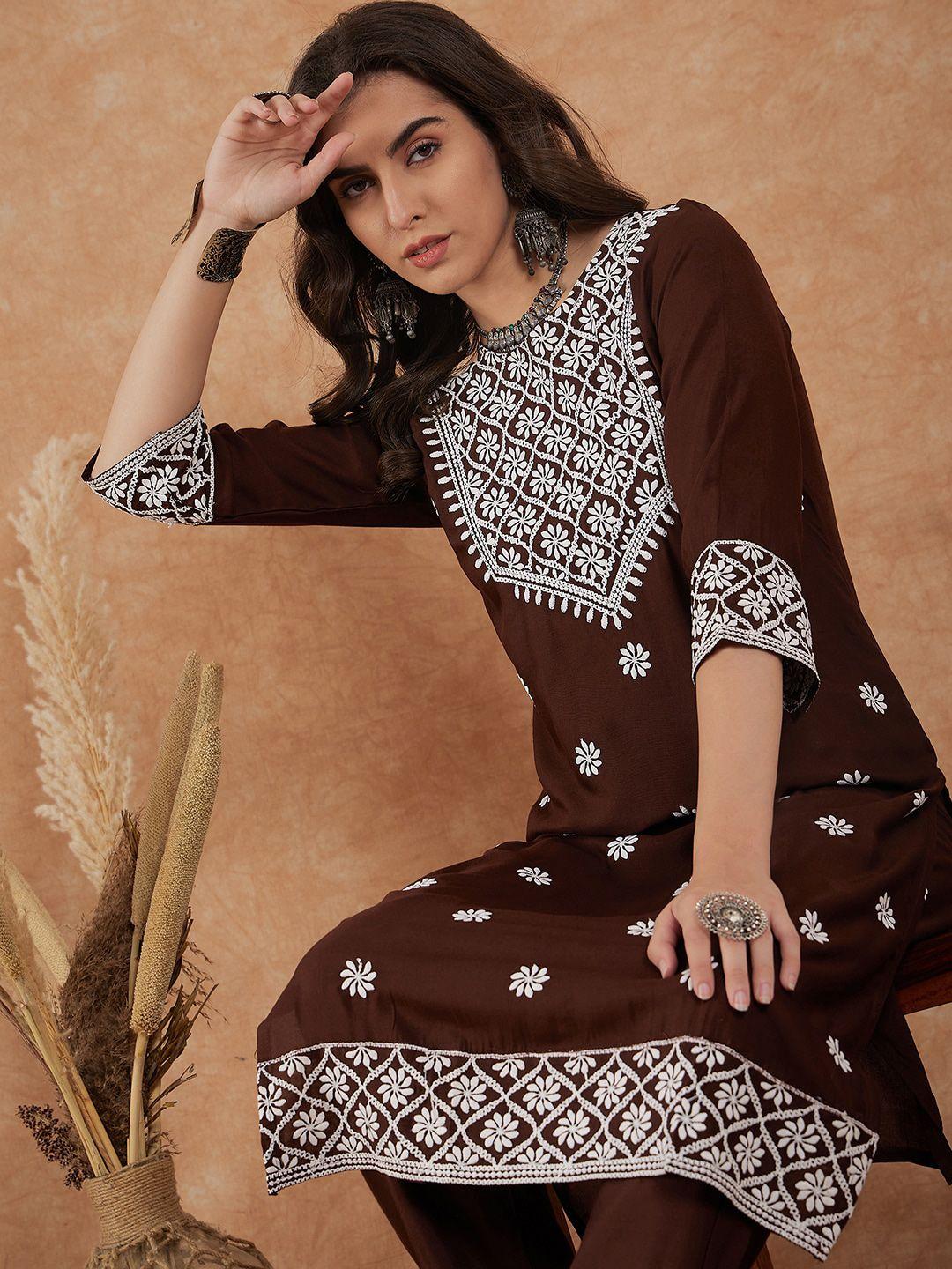 sangria floral embroidered straight kurta with trouser