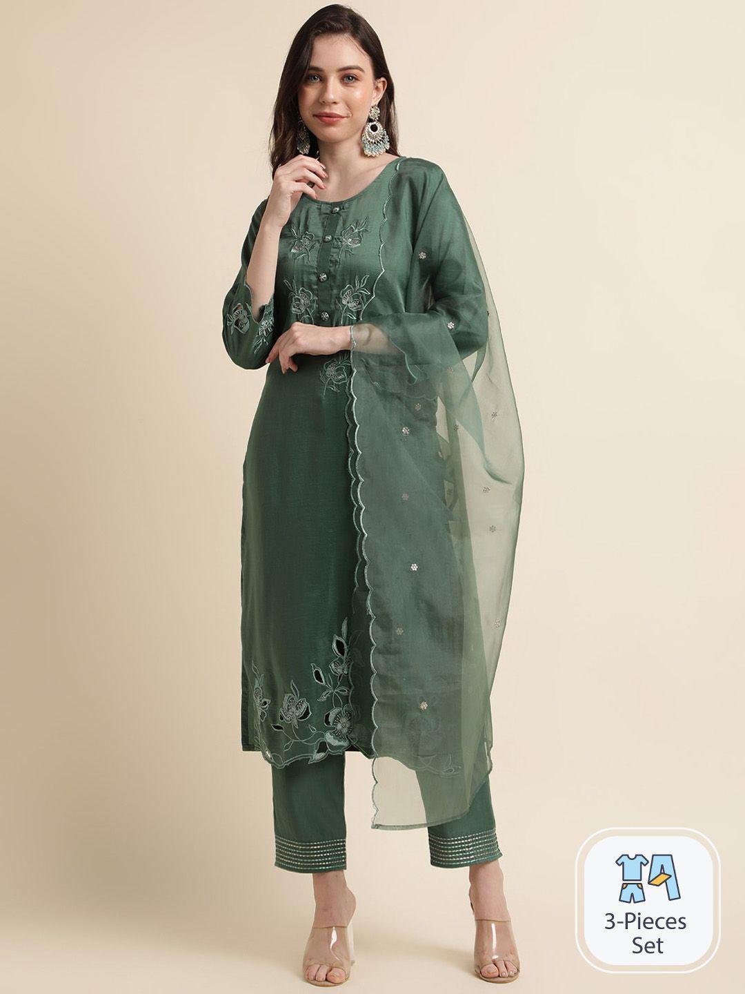 sangria floral embroidered straight kurta with trousers & dupatta