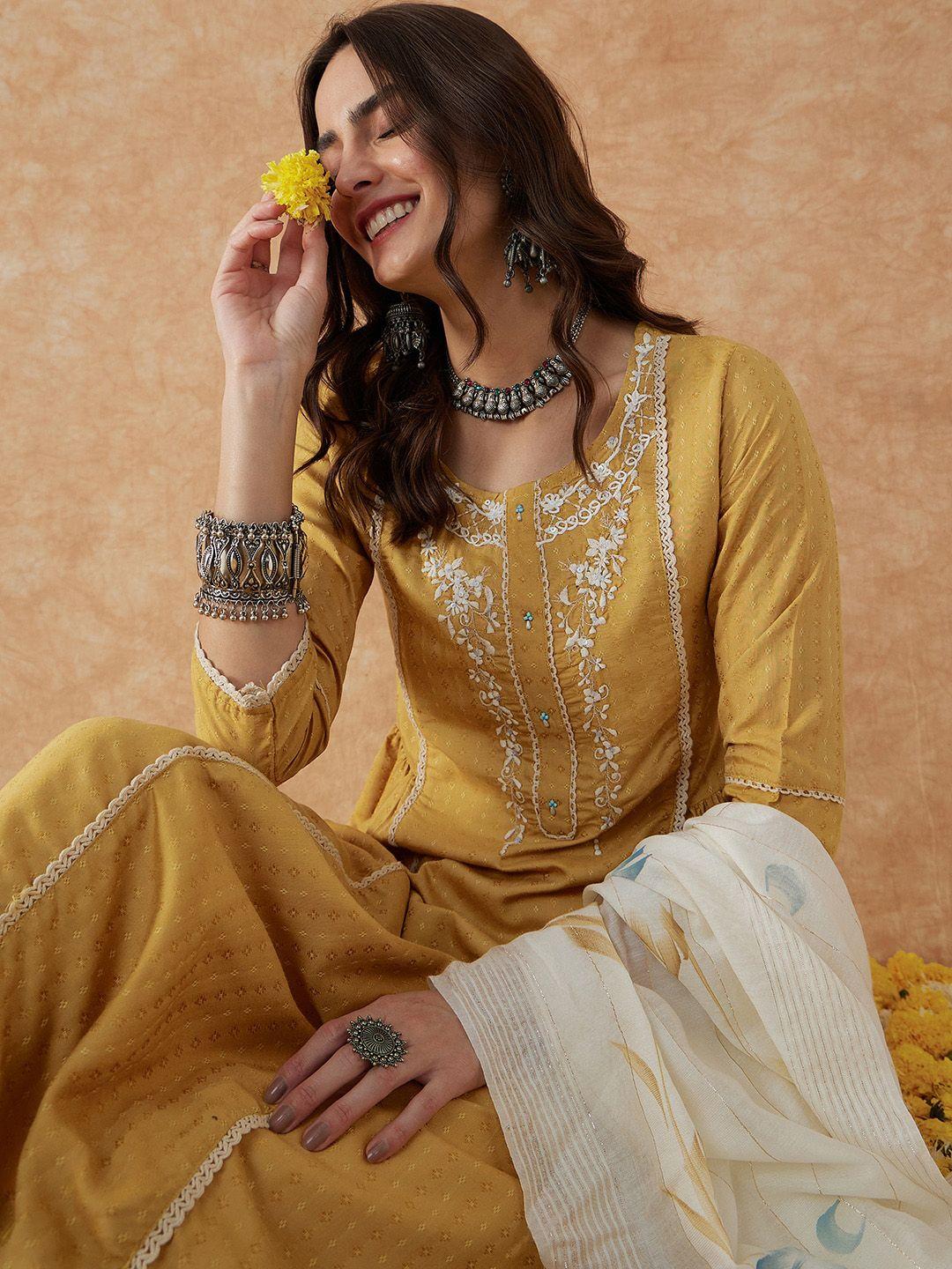 sangria floral embroidered yoke a-line kurta & trouser with dupatta