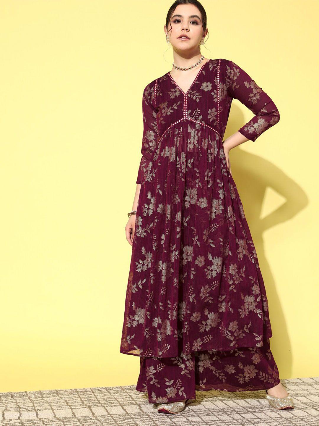 sangria floral foil printed poly georgette v-neck a-line flared kurta with palazzos