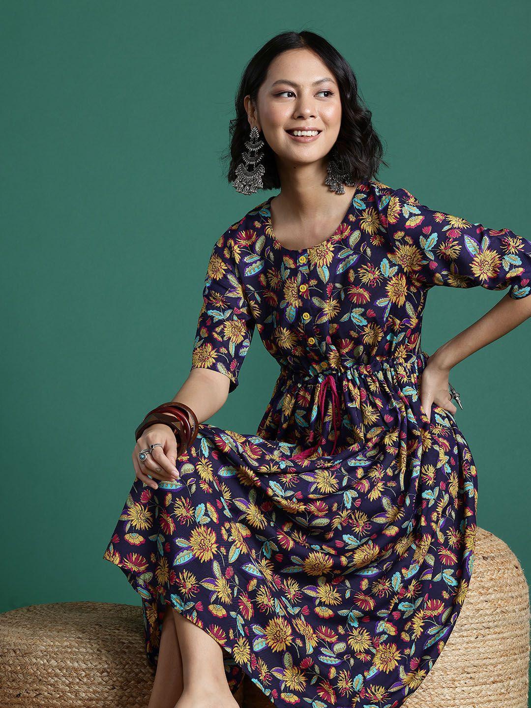 sangria floral print a-line midi ethnic dress