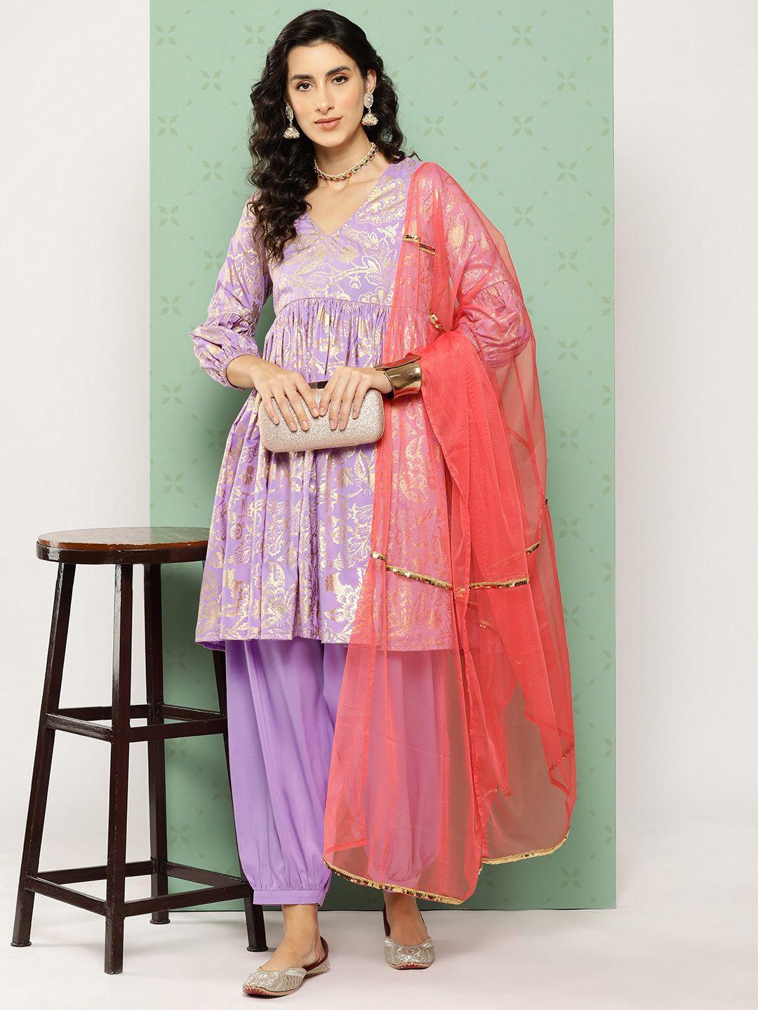 sangria floral print pleated kurta with salwar & dupatta