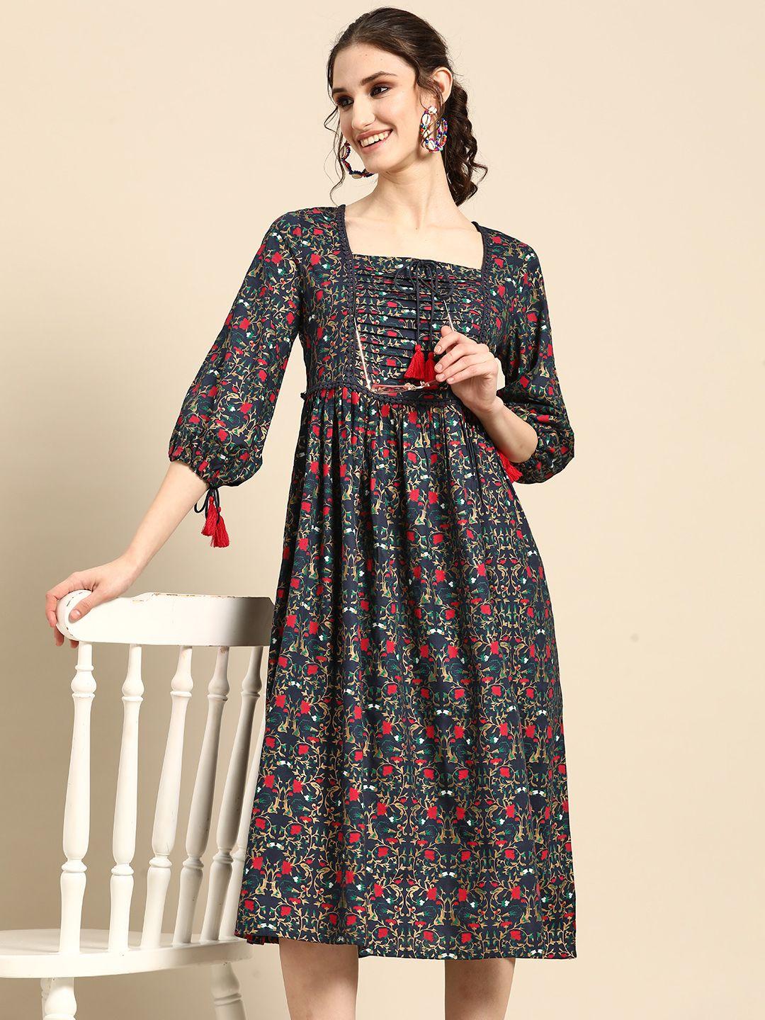 sangria floral print puff sleeve a-line midi dress