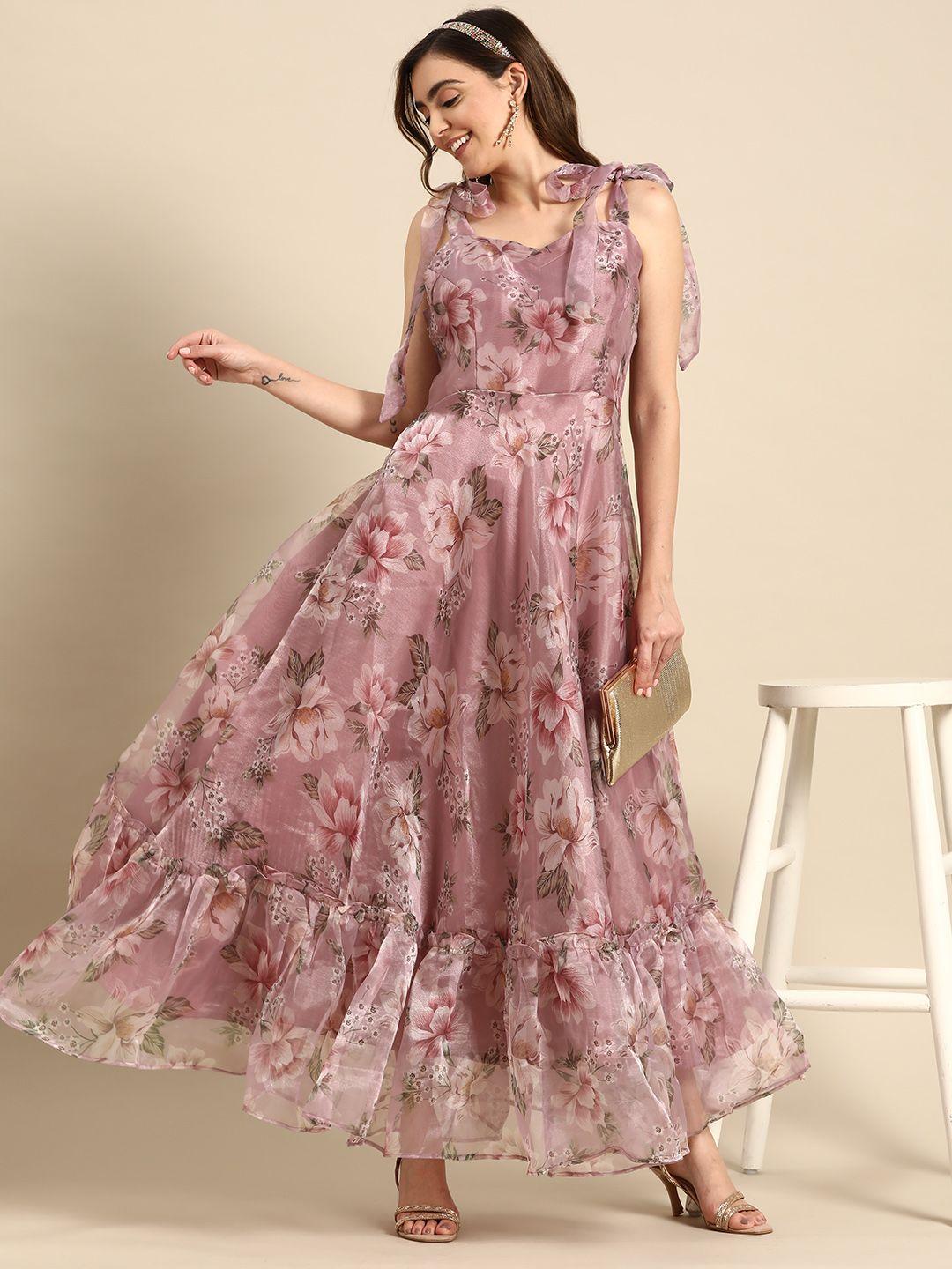sangria floral print sweetheart neck ruffled organza maxi dress with shoulder tie-ups