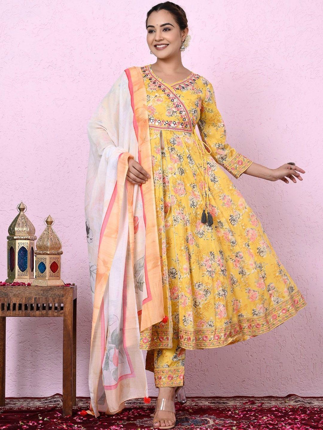 sangria floral printed & embroidered pure cotton a-line kurta with trouser & dupatta set