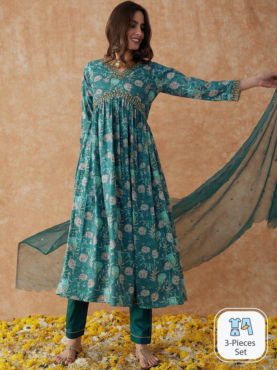 sangria floral printed & sequined empire a-line kurta & trouser with dupatta