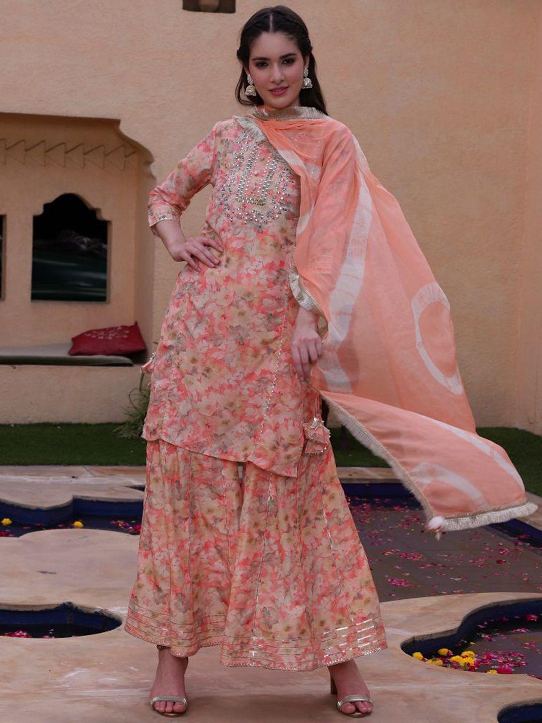 sangria floral printed & straight kurta with sharara & dupatta