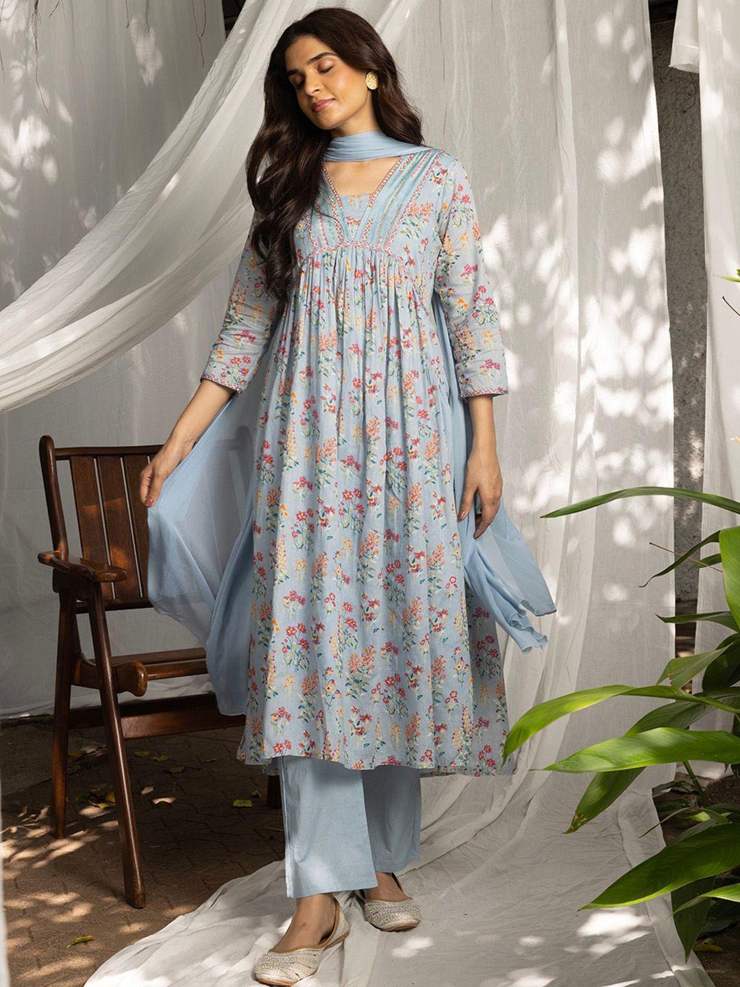 sangria floral printed a-line empire kurta with trouser & dupatta