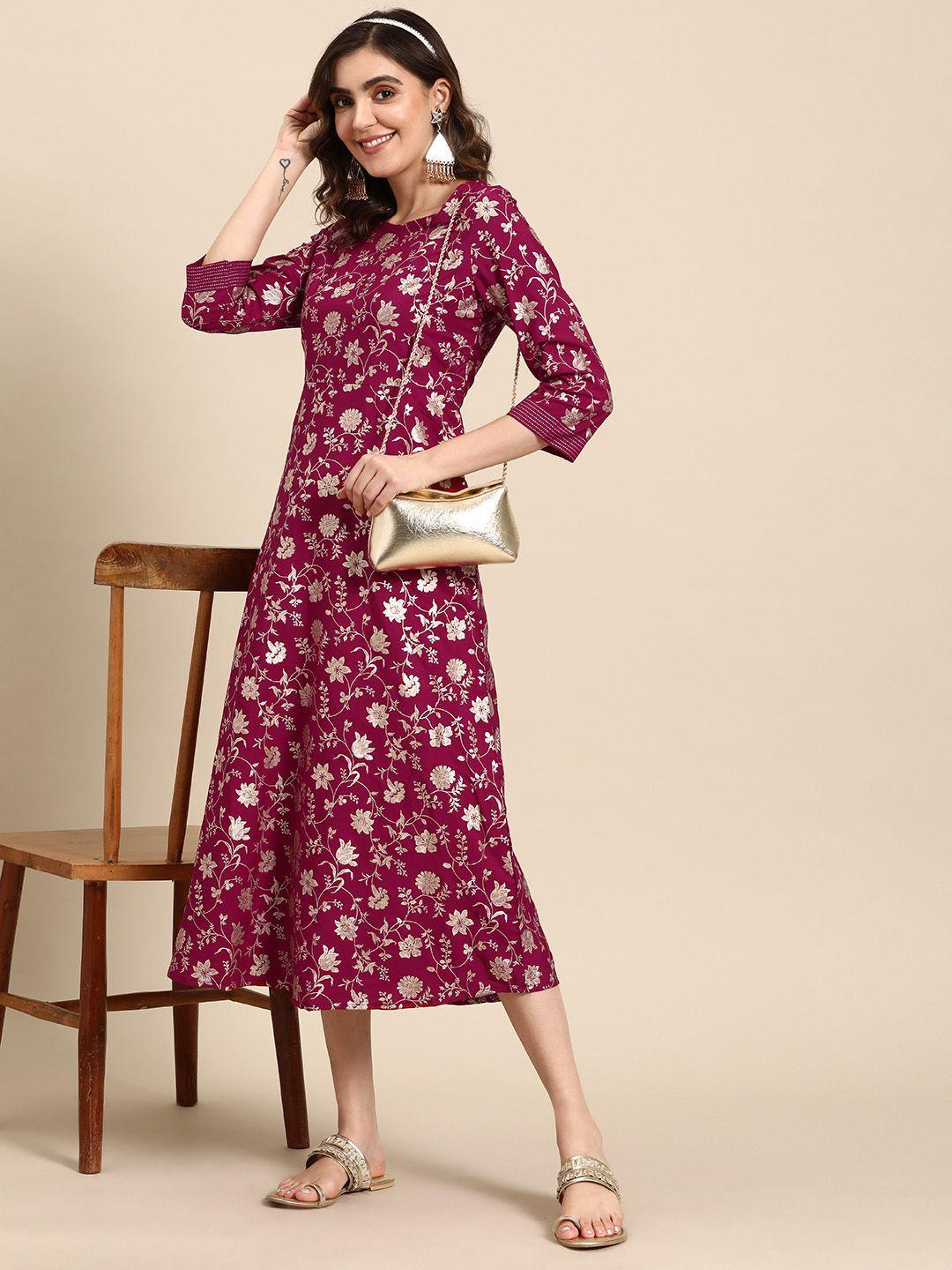 sangria floral printed a-line ethnic dresses