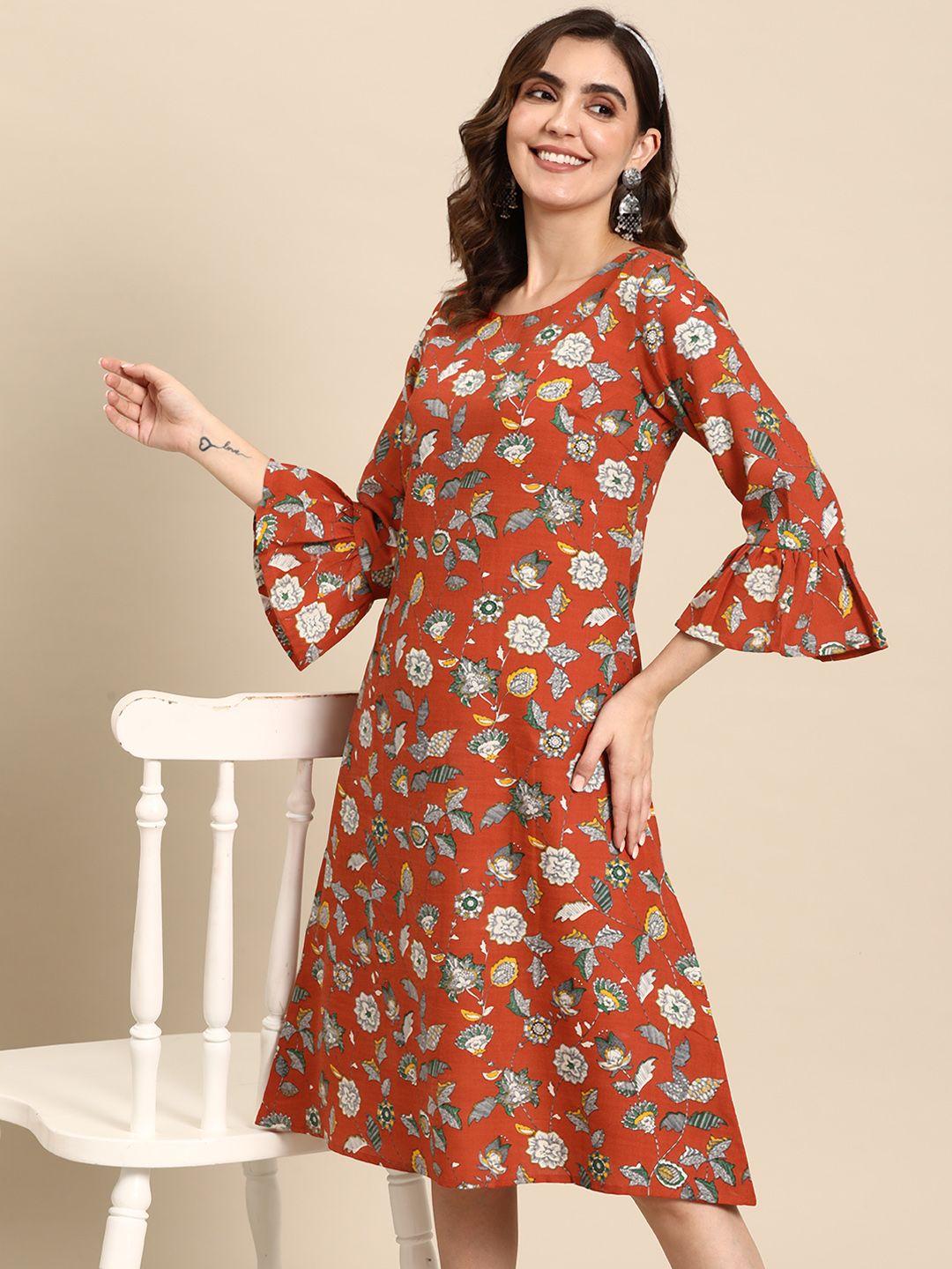 sangria floral printed bell sleeves a-line ethnic dress