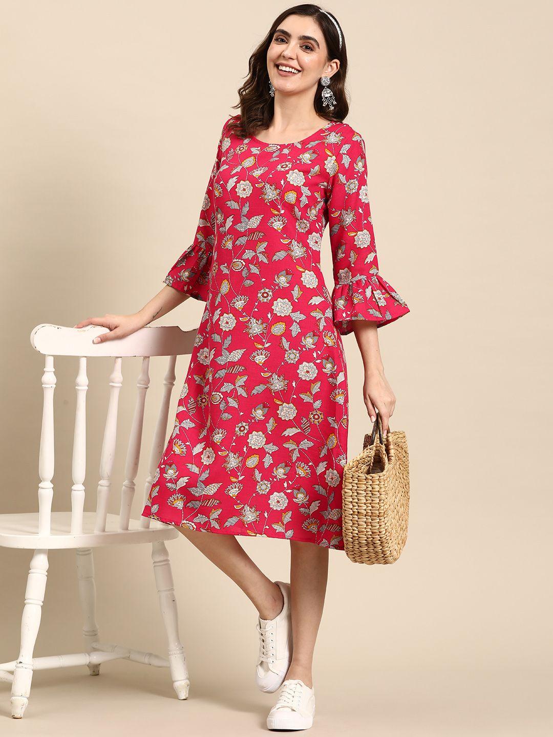 sangria floral printed bell sleeves a-line ethnic dress