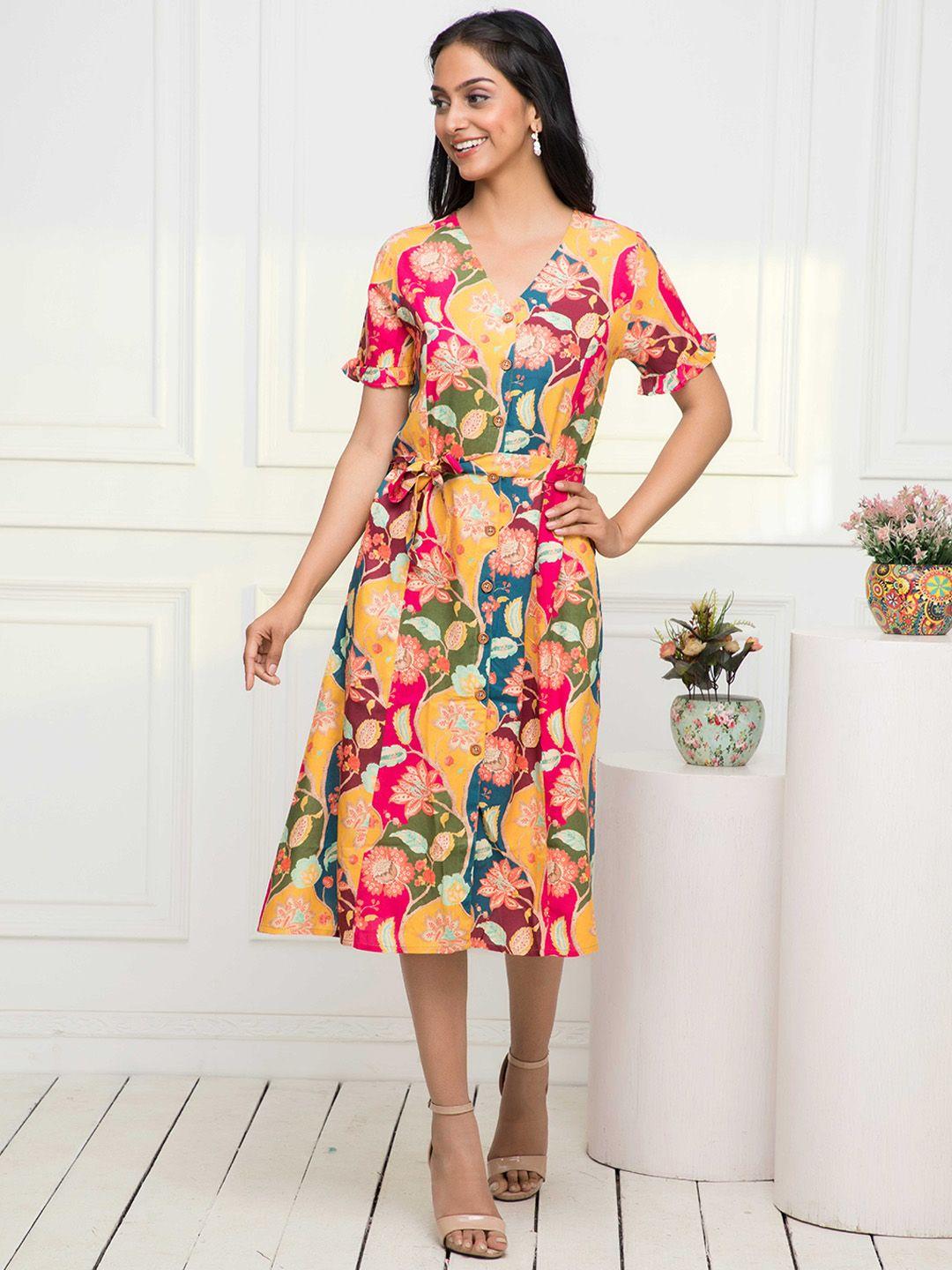 sangria floral printed belted a line dress