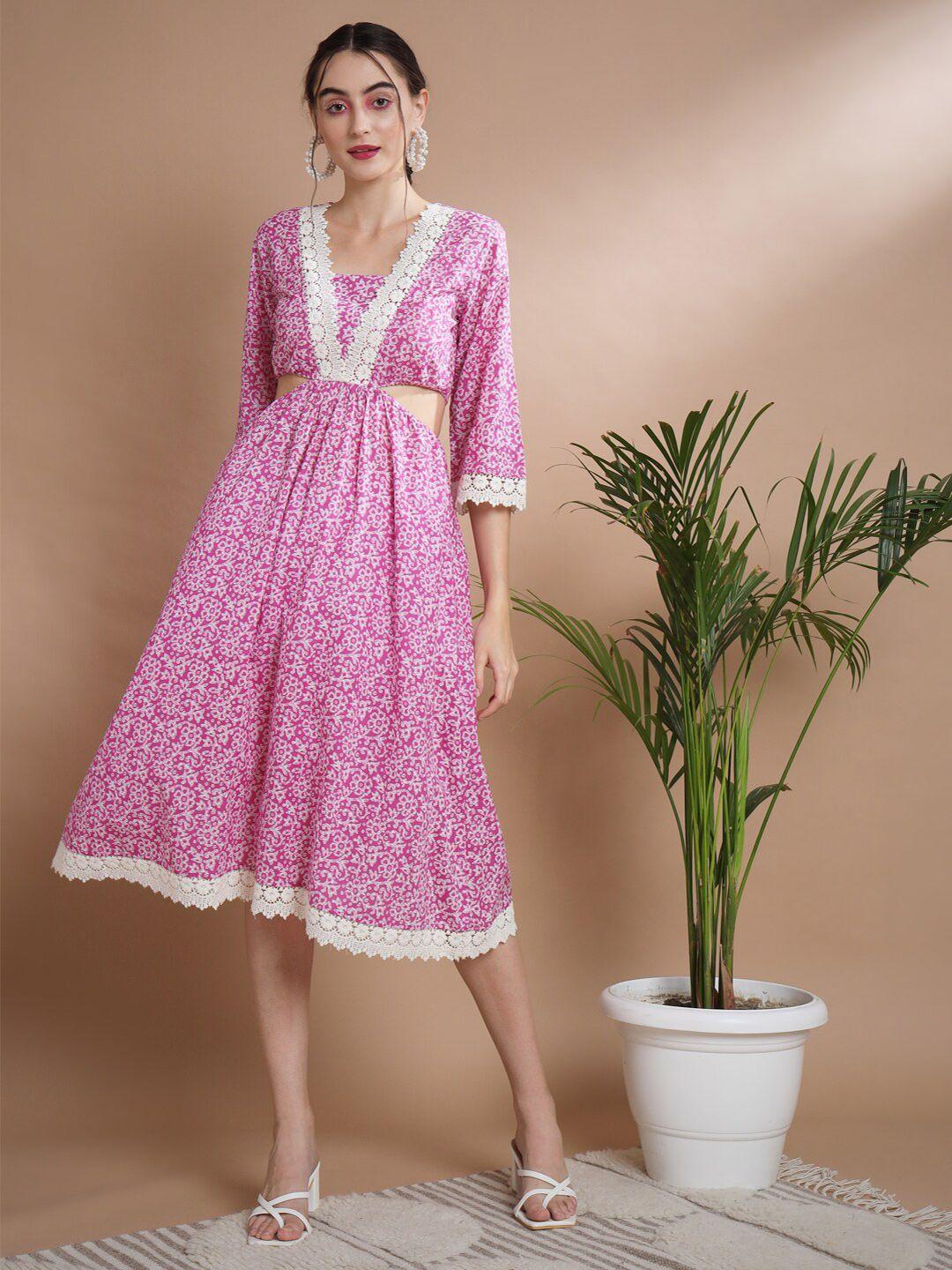 sangria floral printed cotton fit & flare midi dress