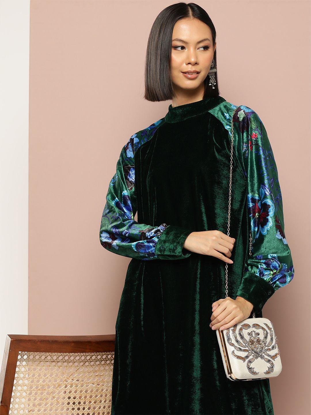 sangria floral printed detail raglan sleeves a-line velvet dress with sheen effect