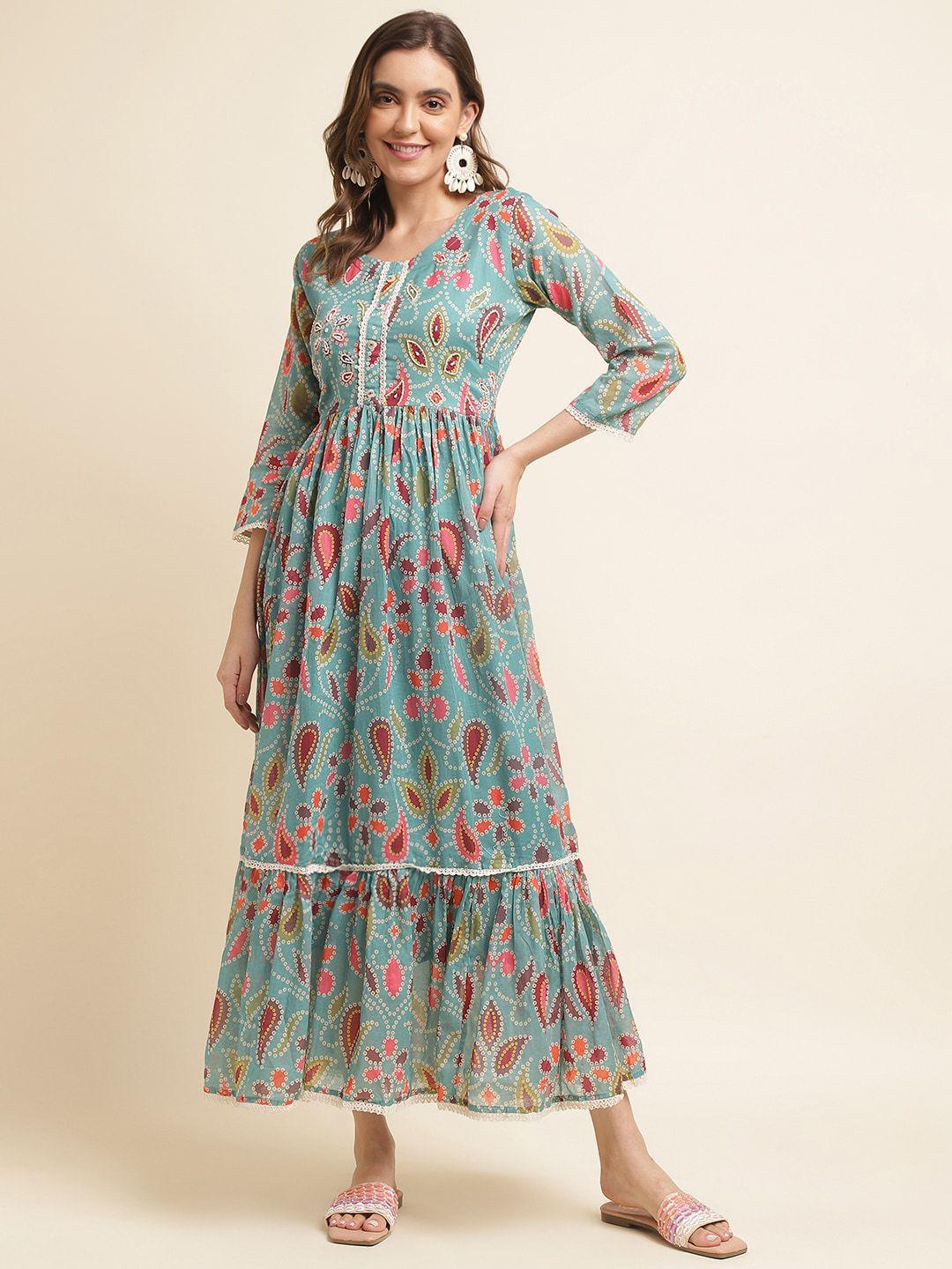 sangria floral printed embellished cotton fit & flare ethnic midi dress