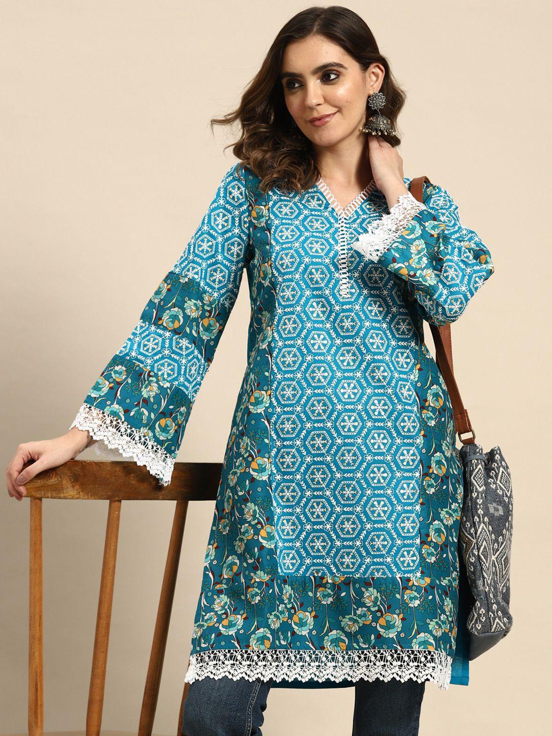 sangria floral printed embroidered & lace detail kurta