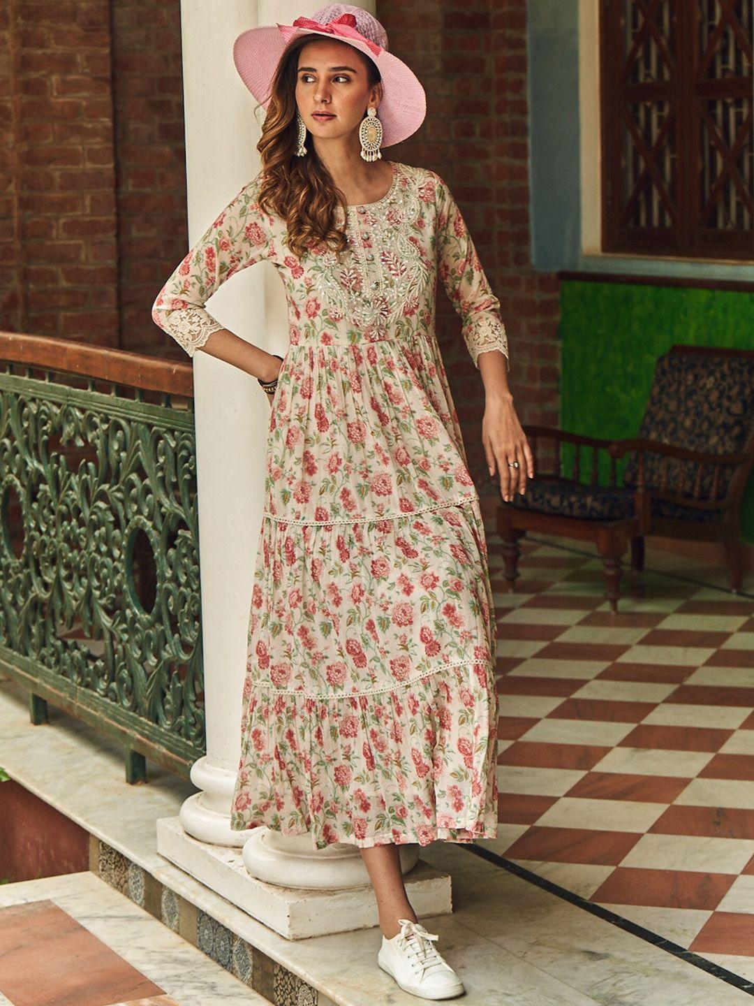 sangria floral printed embroidered cotton fit & flare ethnic midi dress