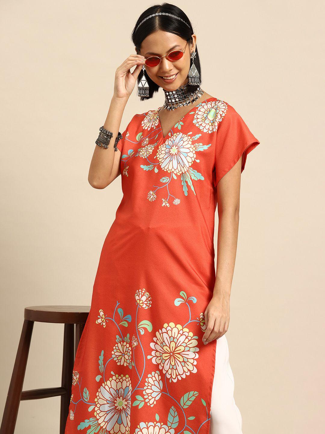 sangria floral printed extended sleeves straight kurta