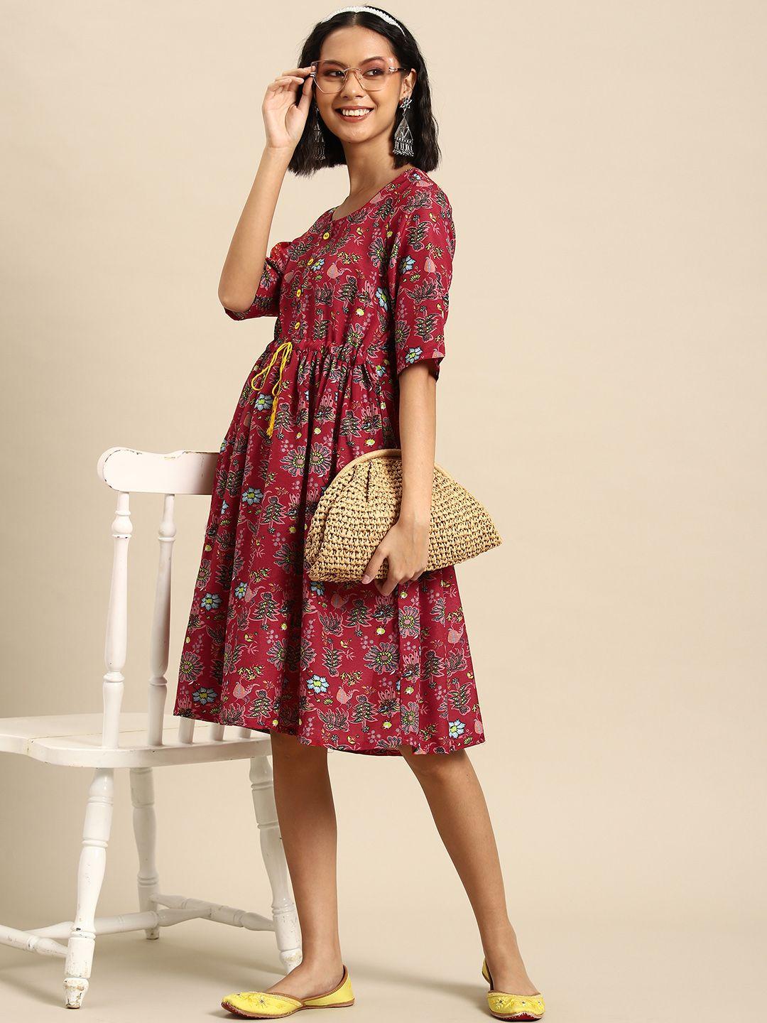 sangria floral printed fit & flare ethnic dress